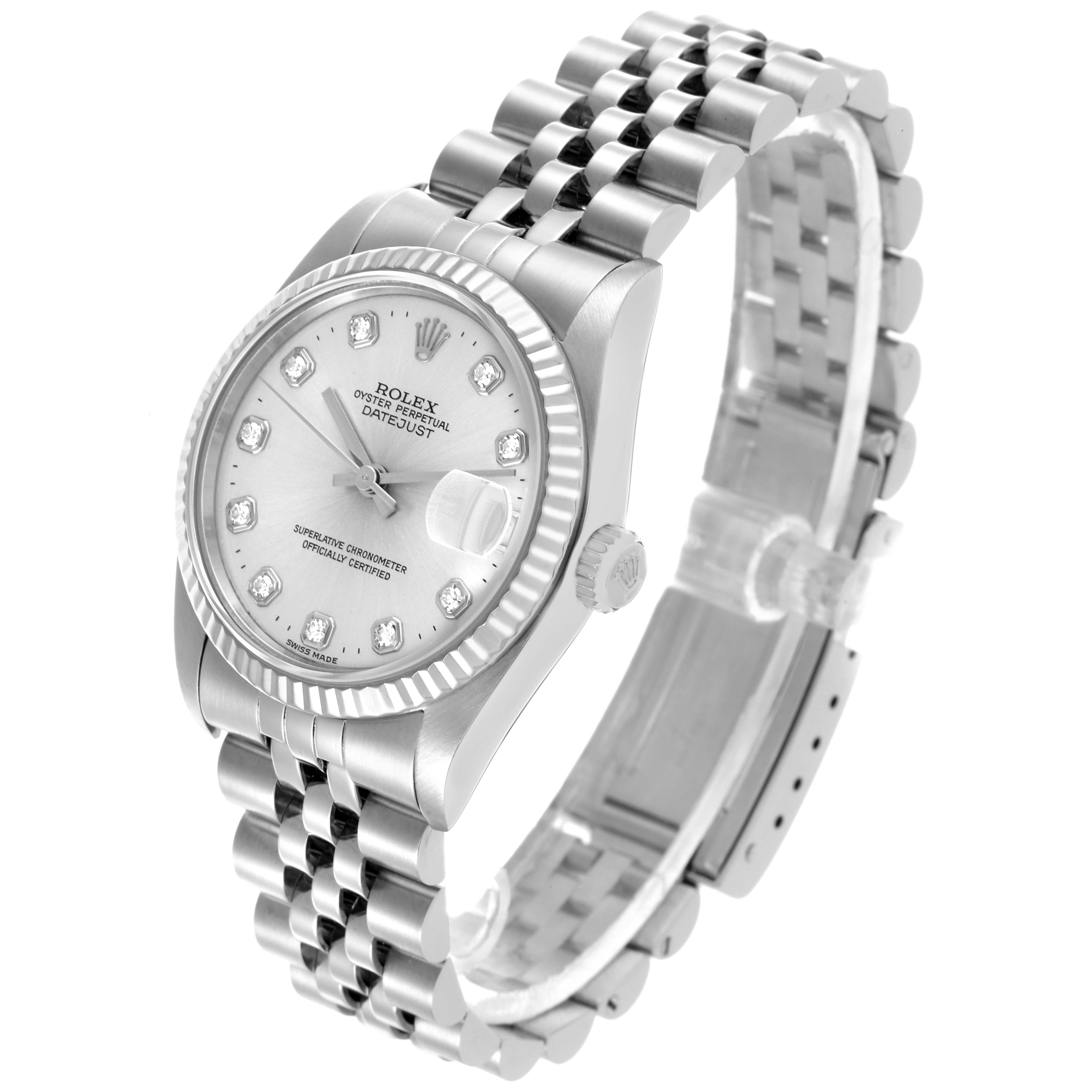 The Rolex Mid-Size 68274 Women's Stainless Steel Silver Dial 68274 Women's Stainless Steel Silver Dial watch is shown at a three-quarter angle, highlighting the face, bezel, crown, and Jubilee bracelet.