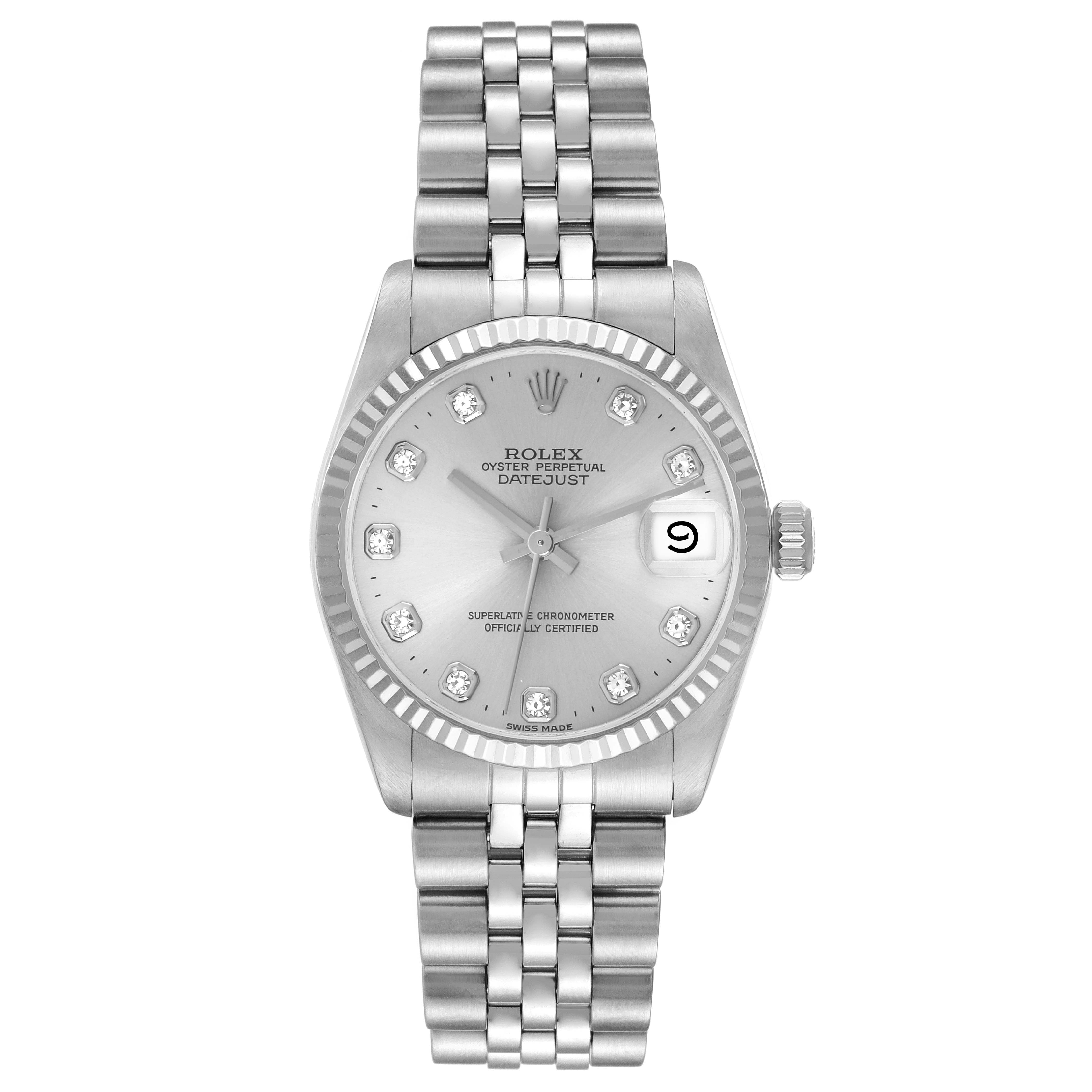 The Rolex Datejust Mid-Size watch is shown front-facing, displaying the dial, bezel, and bracelet fully.