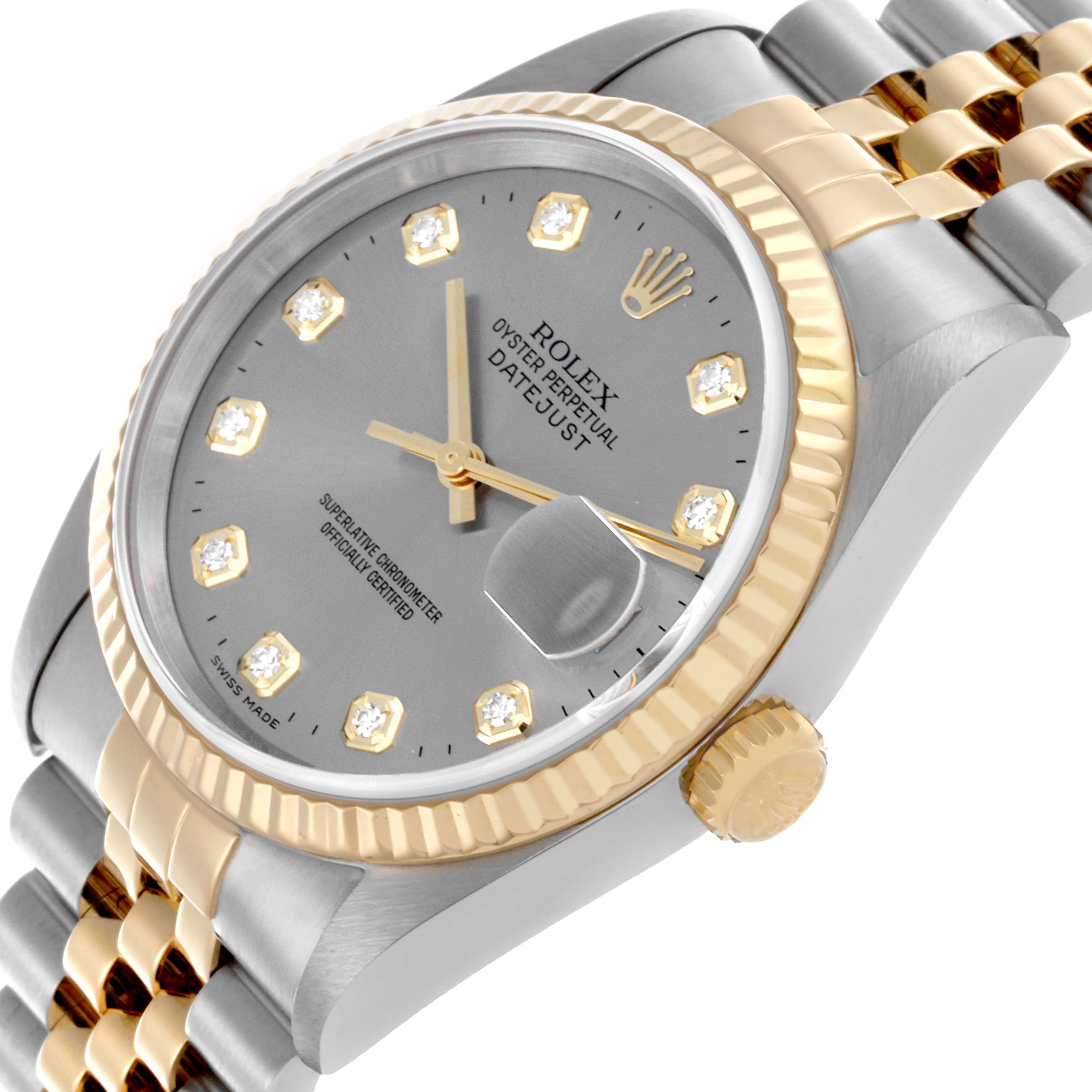 The image shows a Rolex Datejust 16233 Men's Steel and Gold (two tone) Grey Dial 16233 Men's Steel and Gold (two tone) Grey Dial from an angled side view, highlighting the dial, fluted bezel, and jubilee bracelet.