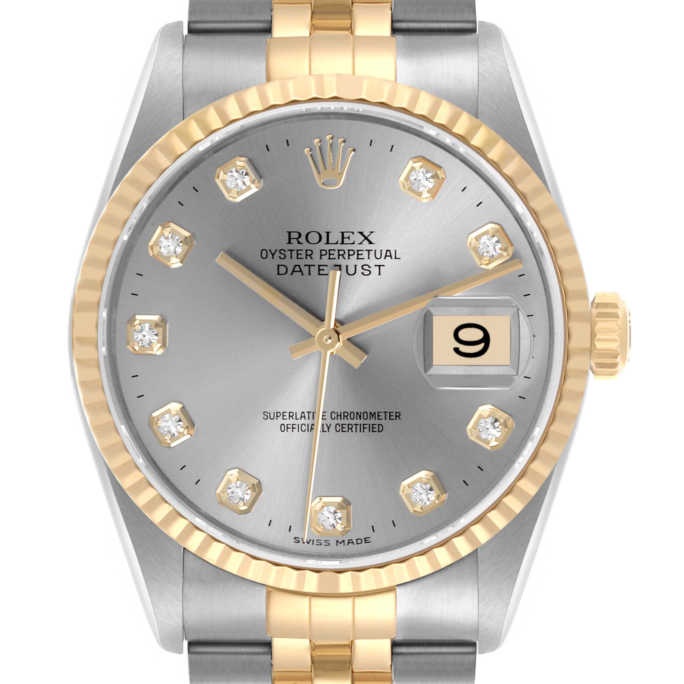 The Rolex Datejust 16233 Men's Steel and Gold (two tone) Grey Dial 16233 Men's Steel and Gold (two tone) Grey Dial watch is shown from a front angle including the dial, bezel, and part of the bracelet.