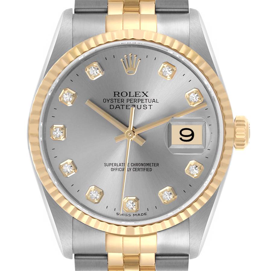 The Rolex Datejust watch is shown from a front angle including the dial, bezel, and part of the bracelet.