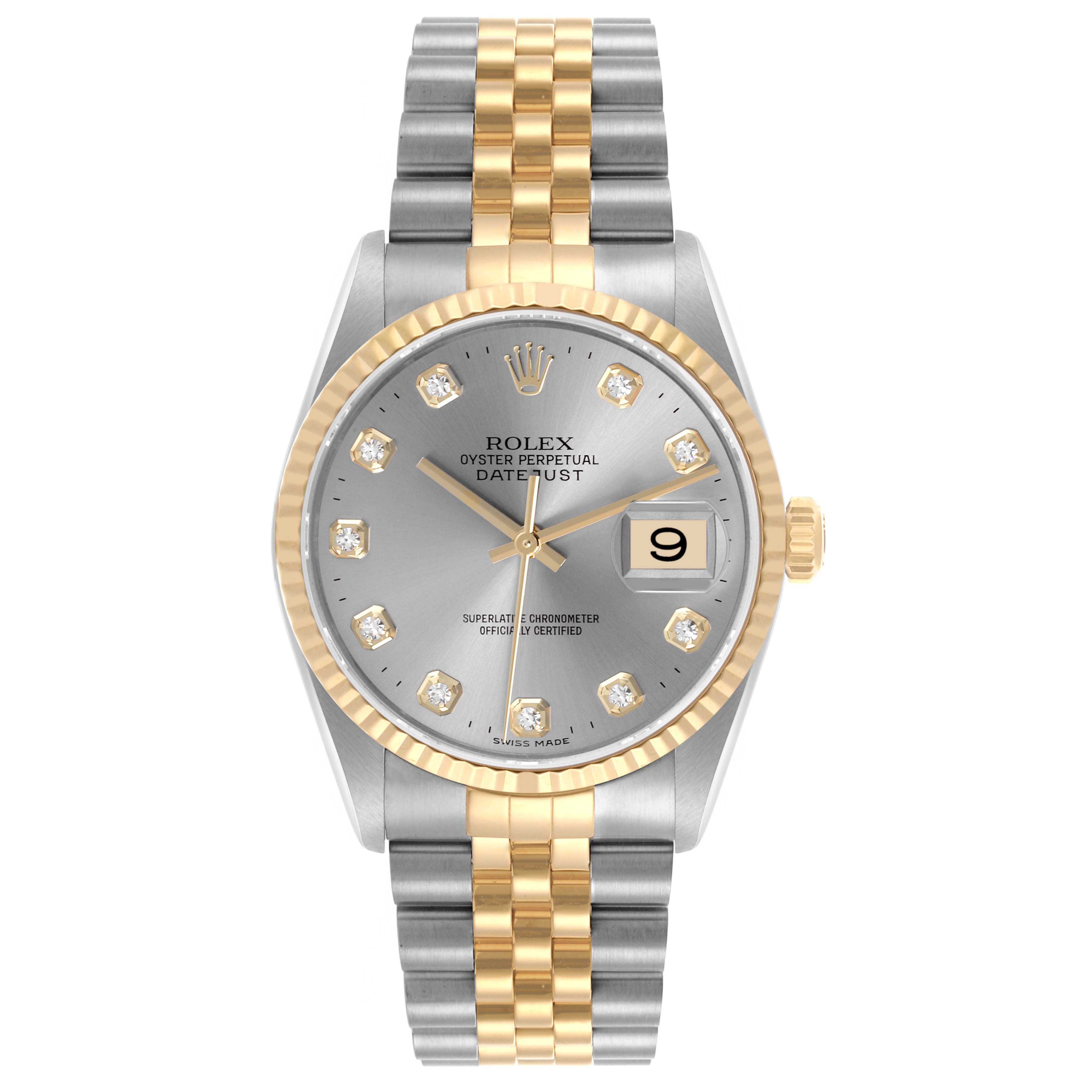 The Rolex Datejust 16233 Men's Steel and Gold (two tone) Grey Dial 16233 Men's Steel and Gold (two tone) Grey Dial watch is shown from the front, displaying its bezel, dial, bracelet, and date window.