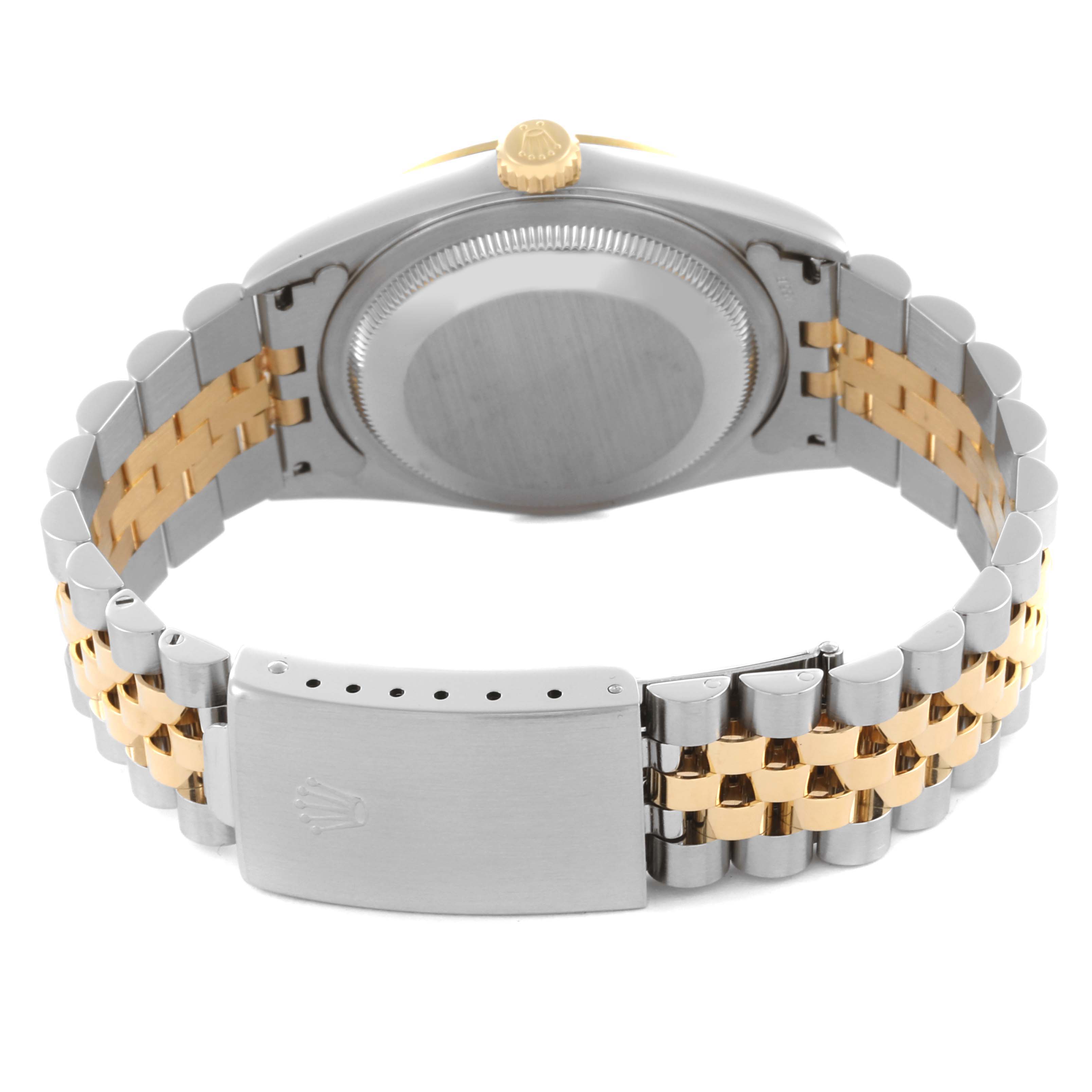 The image shows the back and bracelet of a Rolex Datejust 16233 Men's Steel and Gold (two tone) Grey Dial 16233 Men's Steel and Gold (two tone) Grey Dial watch, highlighting the two-tone metal and clasp.