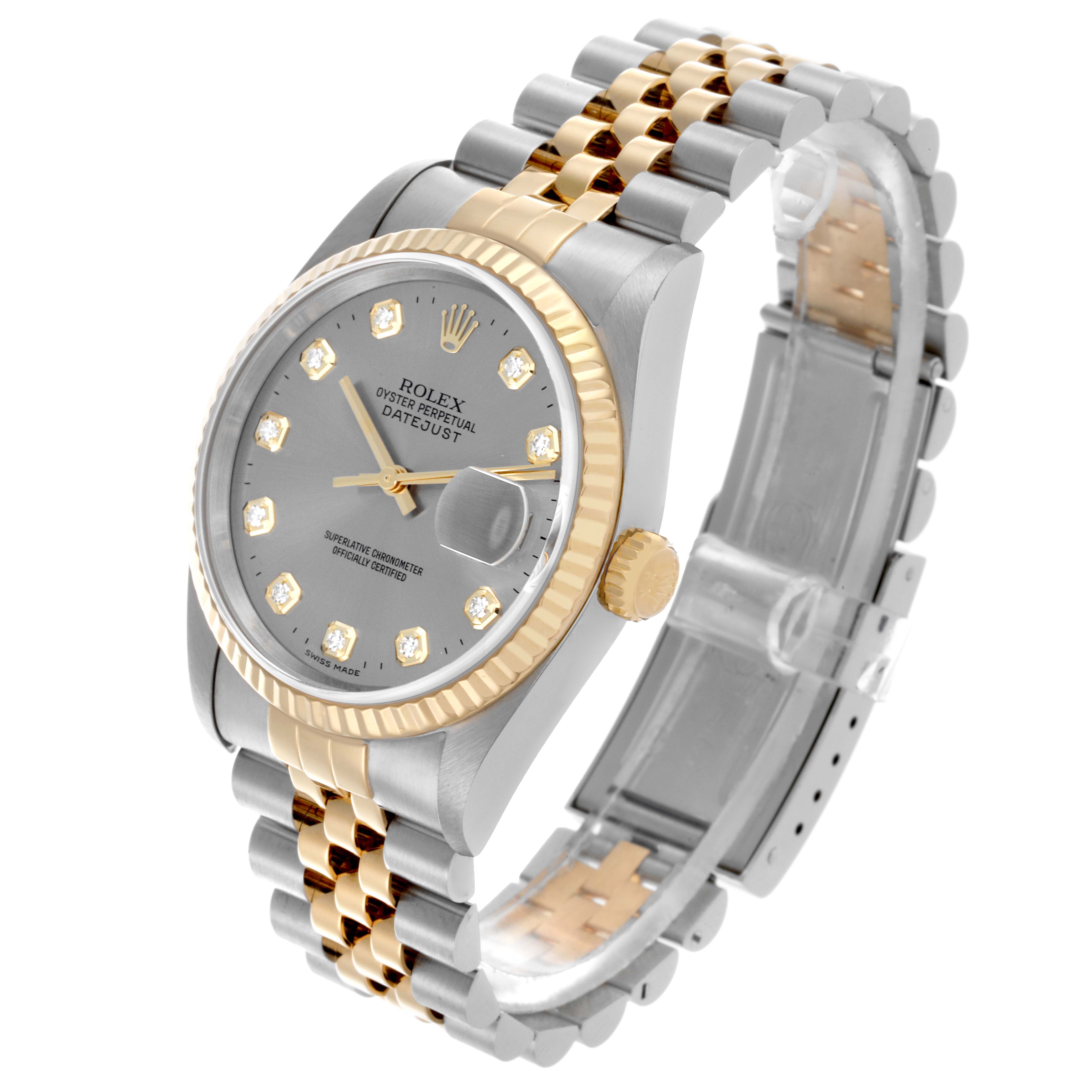 The Rolex Datejust 16233 Men's Steel and Gold (two tone) Grey Dial 16233 Men's Steel and Gold (two tone) Grey Dial watch is shown from a side angle highlighting the face, bezel, crown, and two-tone bracelet.