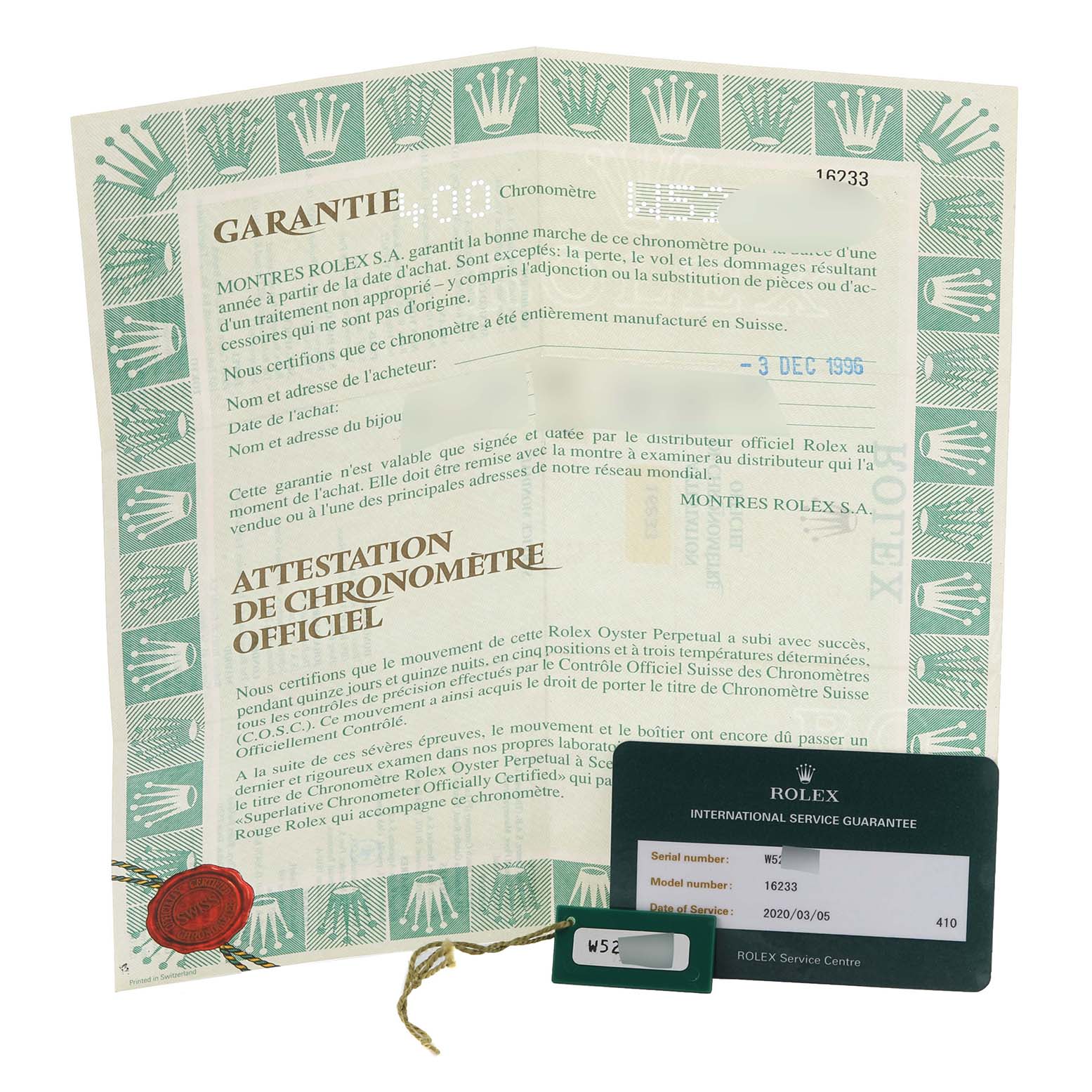 The image shows a Rolex Datejust 16233 Men's Steel and Gold (two tone) Grey Dial 16233 Men's Steel and Gold (two tone) Grey Dial warranty certificate and a service guarantee card.