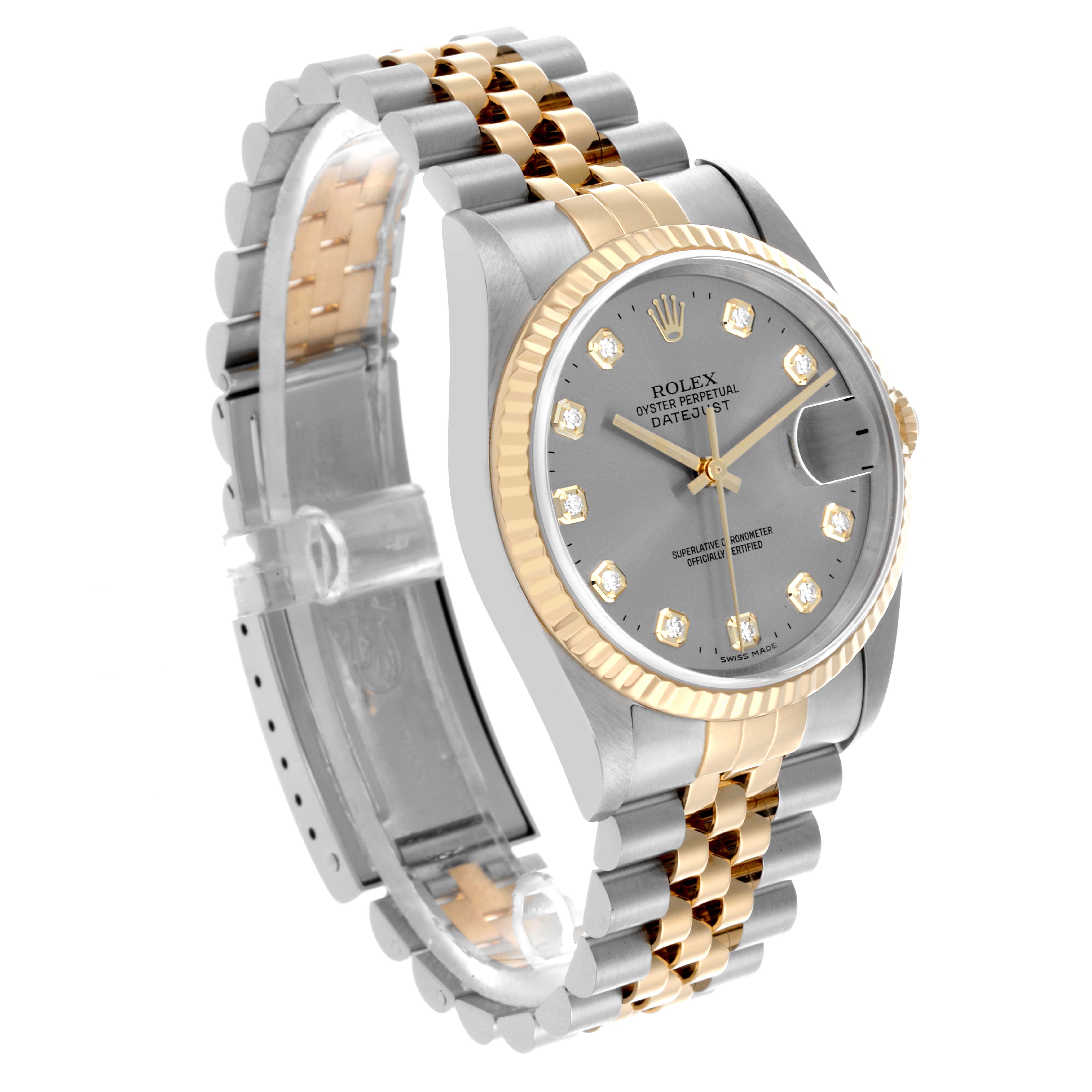The Rolex Datejust 16233 Men's Steel and Gold (two tone) Grey Dial 16233 Men's Steel and Gold (two tone) Grey Dial watch is shown at an angled side view, highlighting the dial, bezel, and bracelet.