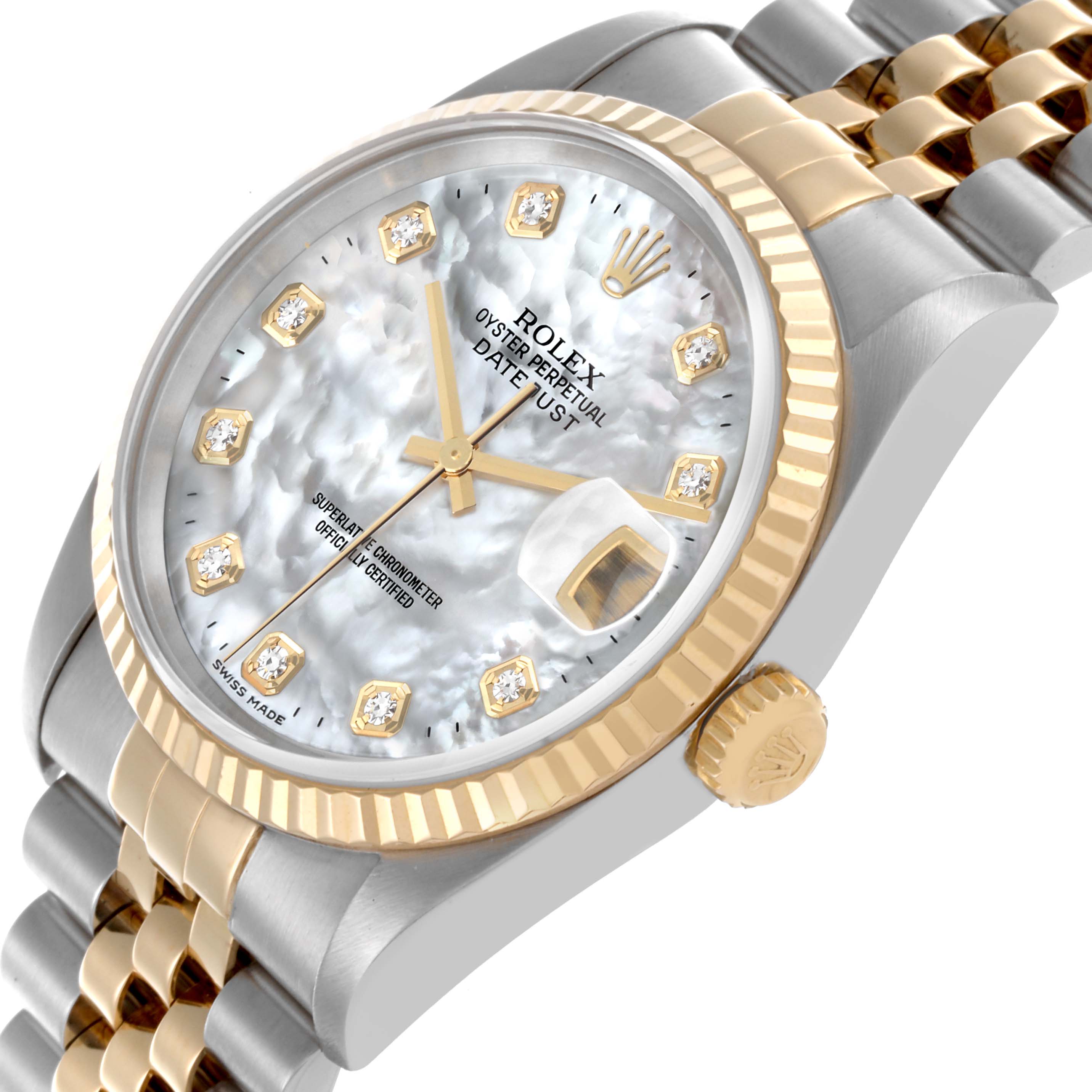 The Rolex Datejust 16233 Men's Steel and Gold (two tone) Mother of Pearl Dial 16233 Men's Steel and Gold (two tone) Mother of Pearl Dial watch is shown from a side angle, highlighting the face, fluted bezel, crown, and jubilee bracelet.