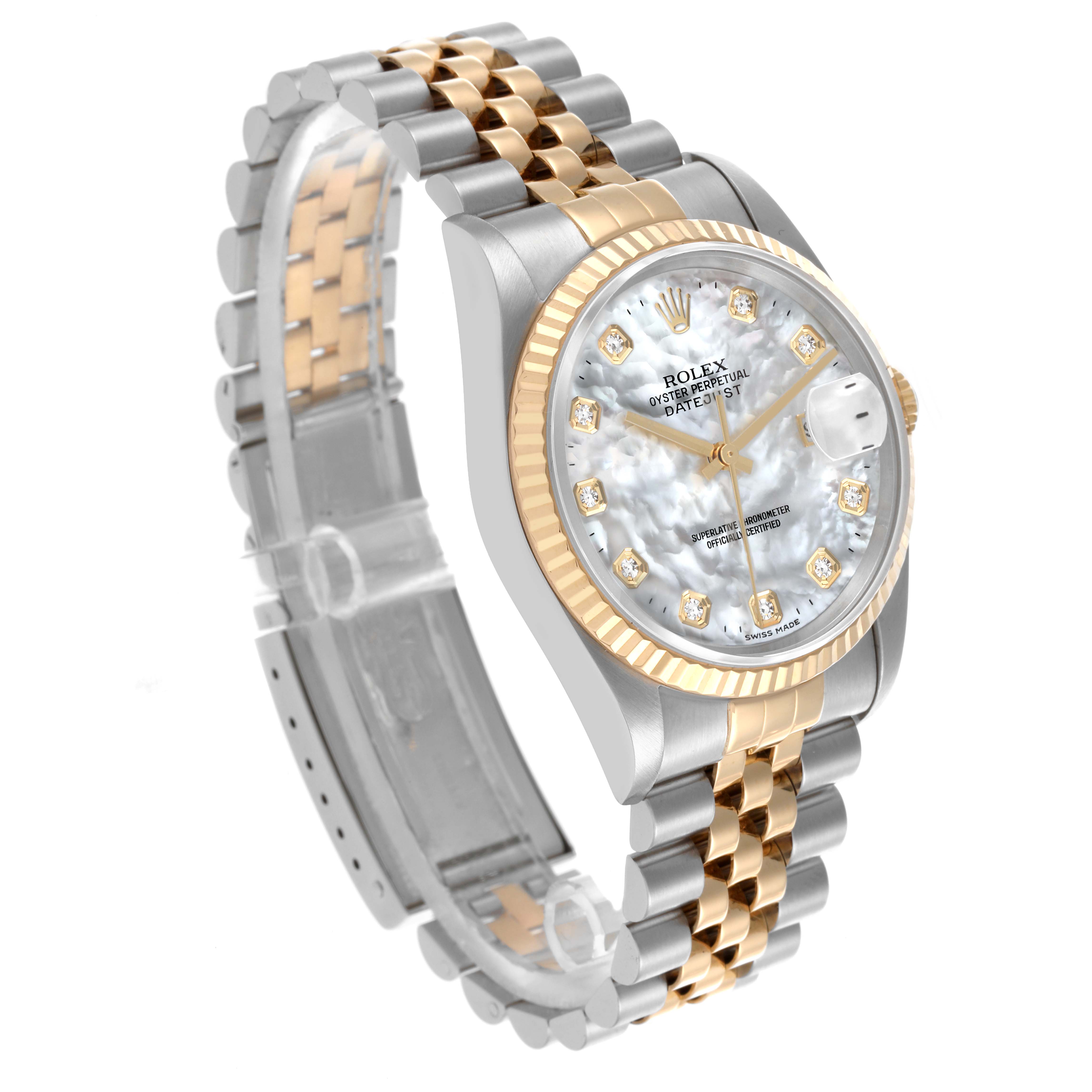 The Rolex Datejust 16233 Men's Steel and Gold (two tone) Mother of Pearl Dial 16233 Men's Steel and Gold (two tone) Mother of Pearl Dial watch is shown at an oblique angle, highlighting the dial, bezel, and bracelet.