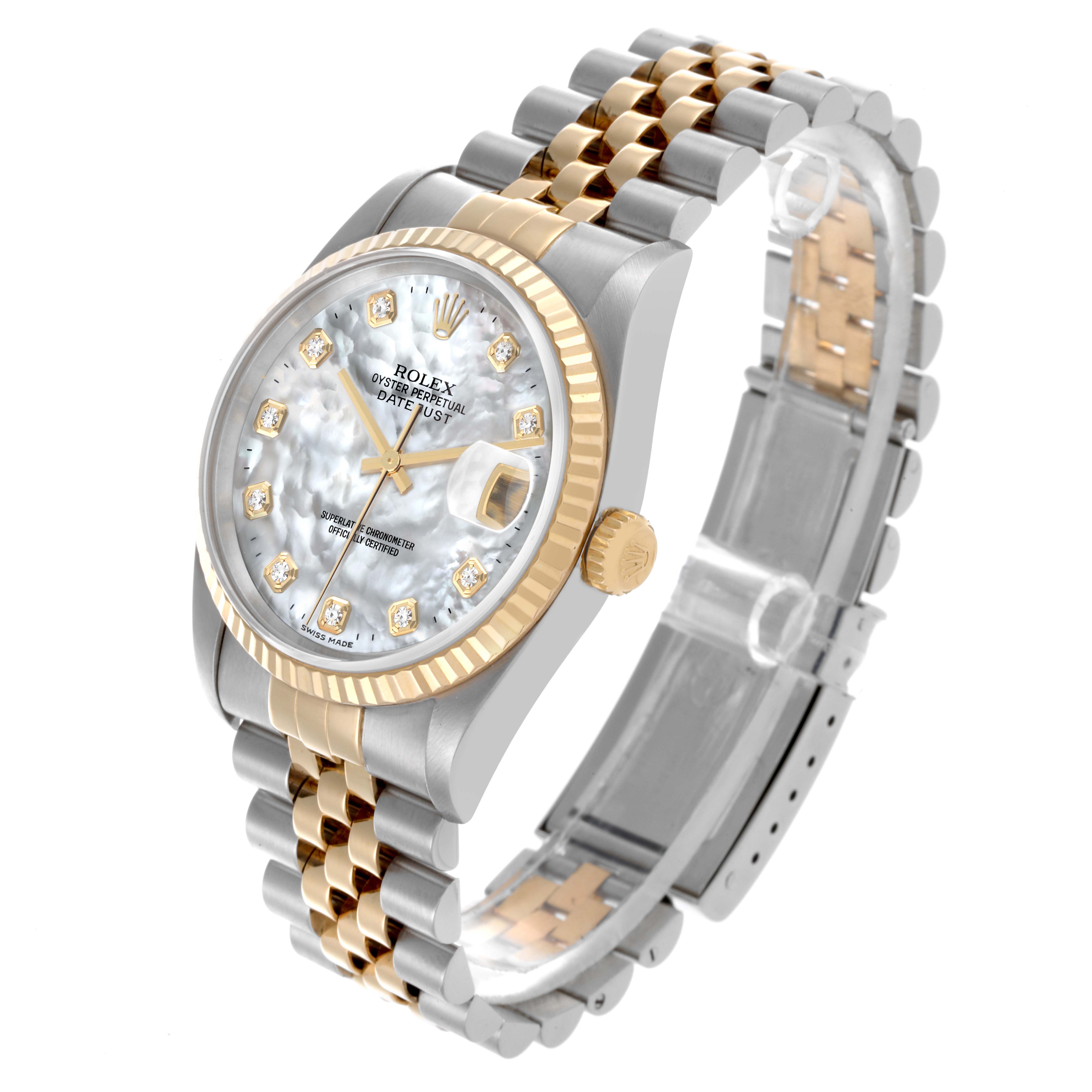 The Rolex Datejust 16233 Men's Steel and Gold (two tone) Mother of Pearl Dial 16233 Men's Steel and Gold (two tone) Mother of Pearl Dial is shown at a three-quarter angle, highlighting the face, bezel, and two-tone bracelet.