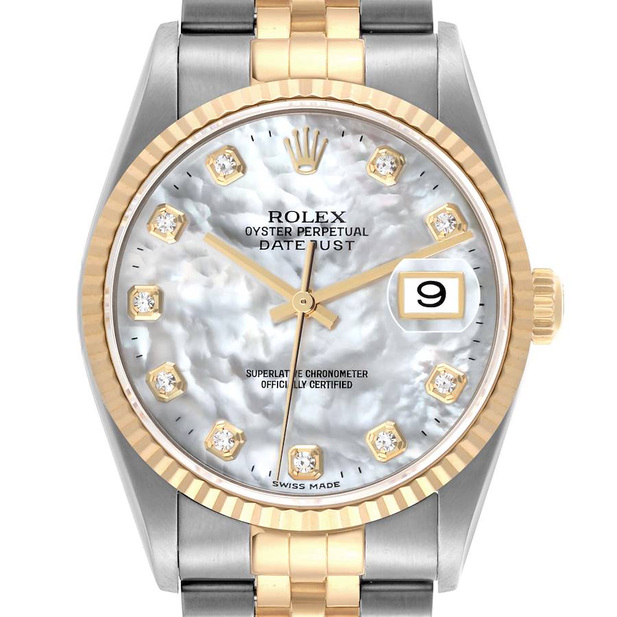 The Rolex Datejust watch is shown from a front angle, highlighting the dial, bezel, and bracelet.