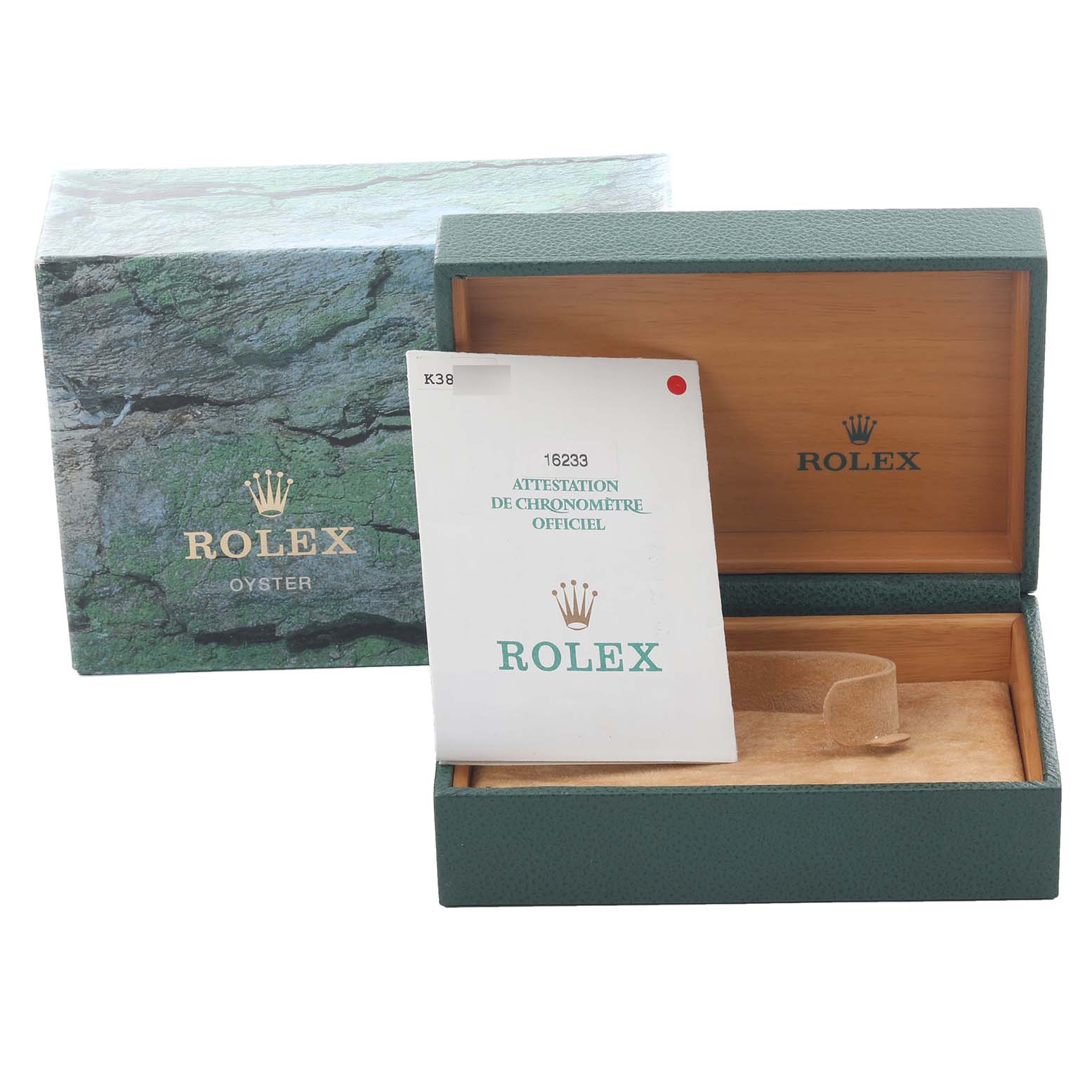 The image shows the Rolex Datejust 16233 Men's Steel and Gold (two tone) Mother of Pearl Dial 16233 Men's Steel and Gold (two tone) Mother of Pearl Dial box at an angle, with the open interior and a certificate visible.