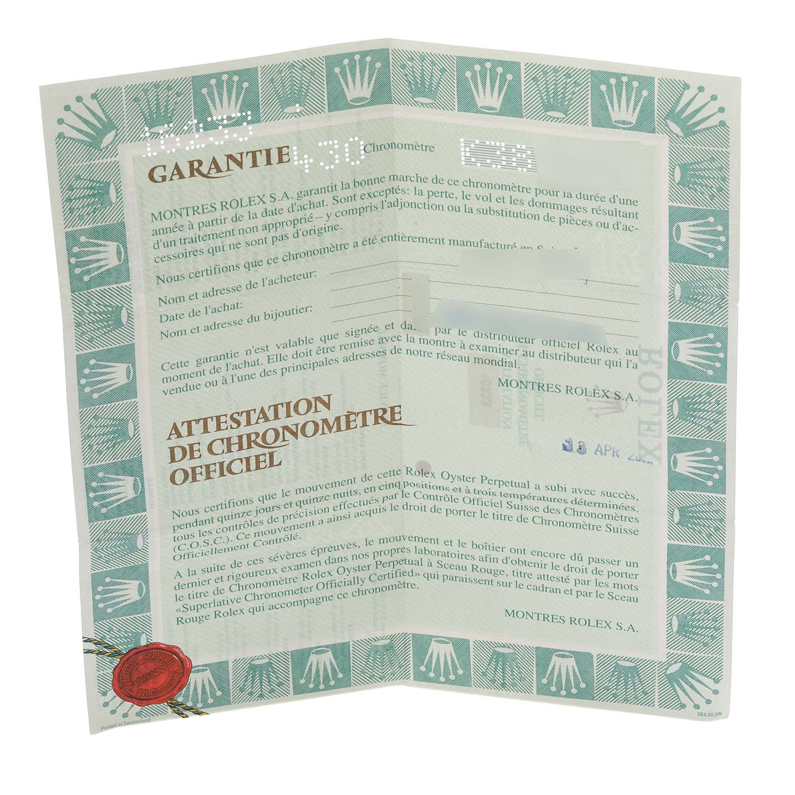 The image shows a Rolex Datejust 16233 Men's Steel and Gold (two tone) Mother of Pearl Dial 16233 Men's Steel and Gold (two tone) Mother of Pearl Dial warranty and chronometer certification document.