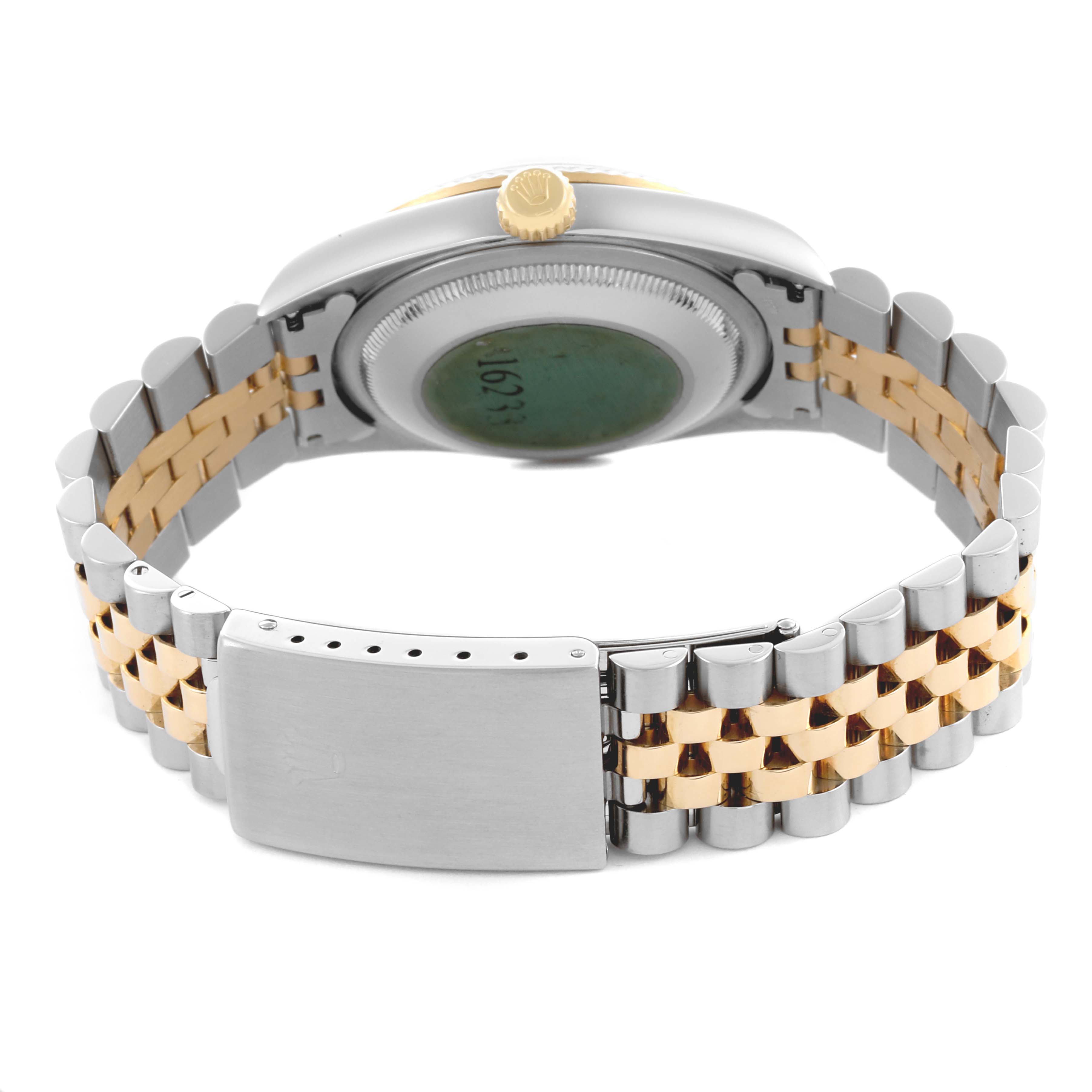 The image shows the Rolex Datejust 16233 Men's Steel and Gold (two tone) Mother of Pearl Dial 16233 Men's Steel and Gold (two tone) Mother of Pearl Dial watch from the back, highlighting the bracelet and clasp in a steel and gold tone.