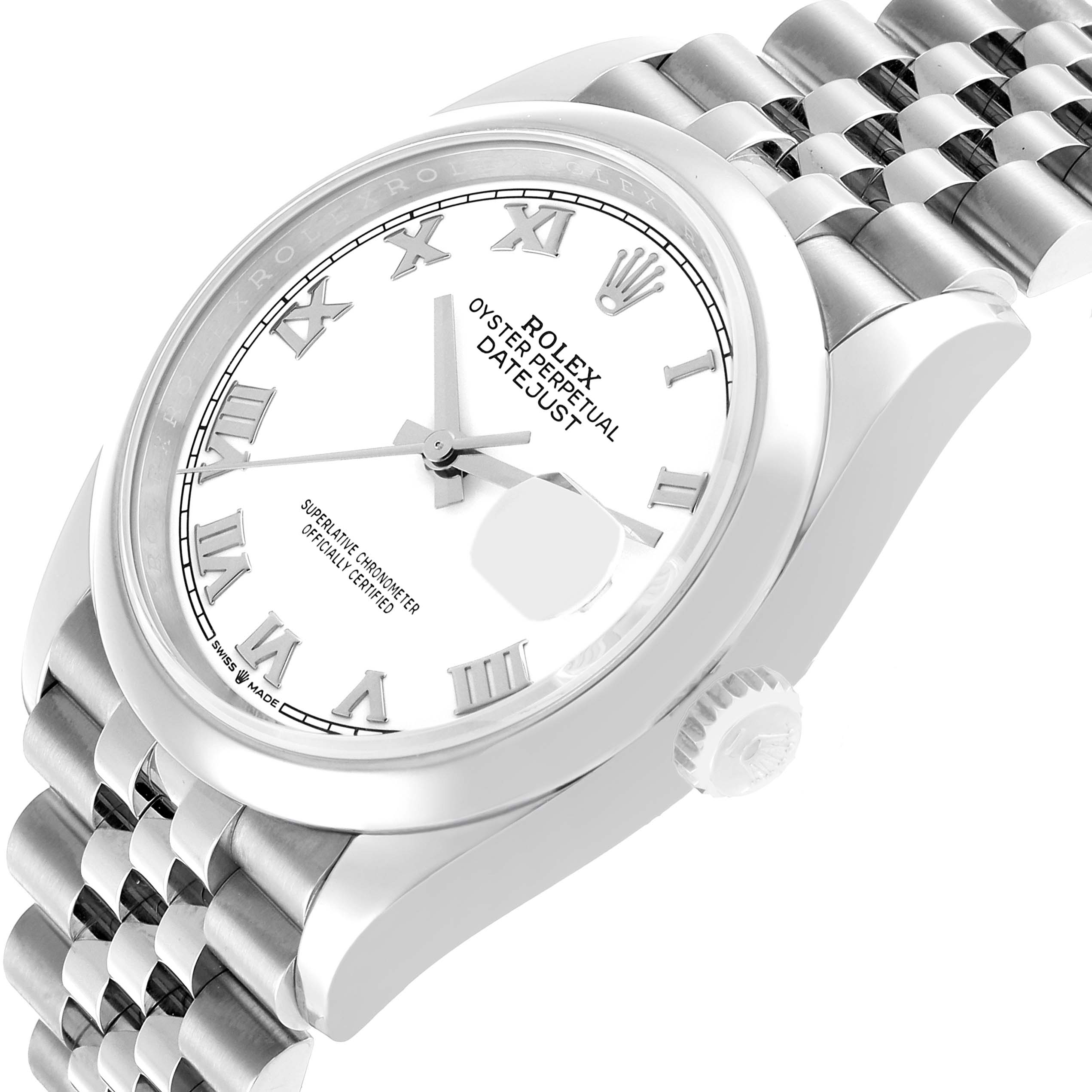 The Rolex Datejust 126200 Men's Stainless Steel White Dial is shown at a side angle, highlighting the case, bezel, crown, dial with Roman numerals, and Jubilee bracelet.