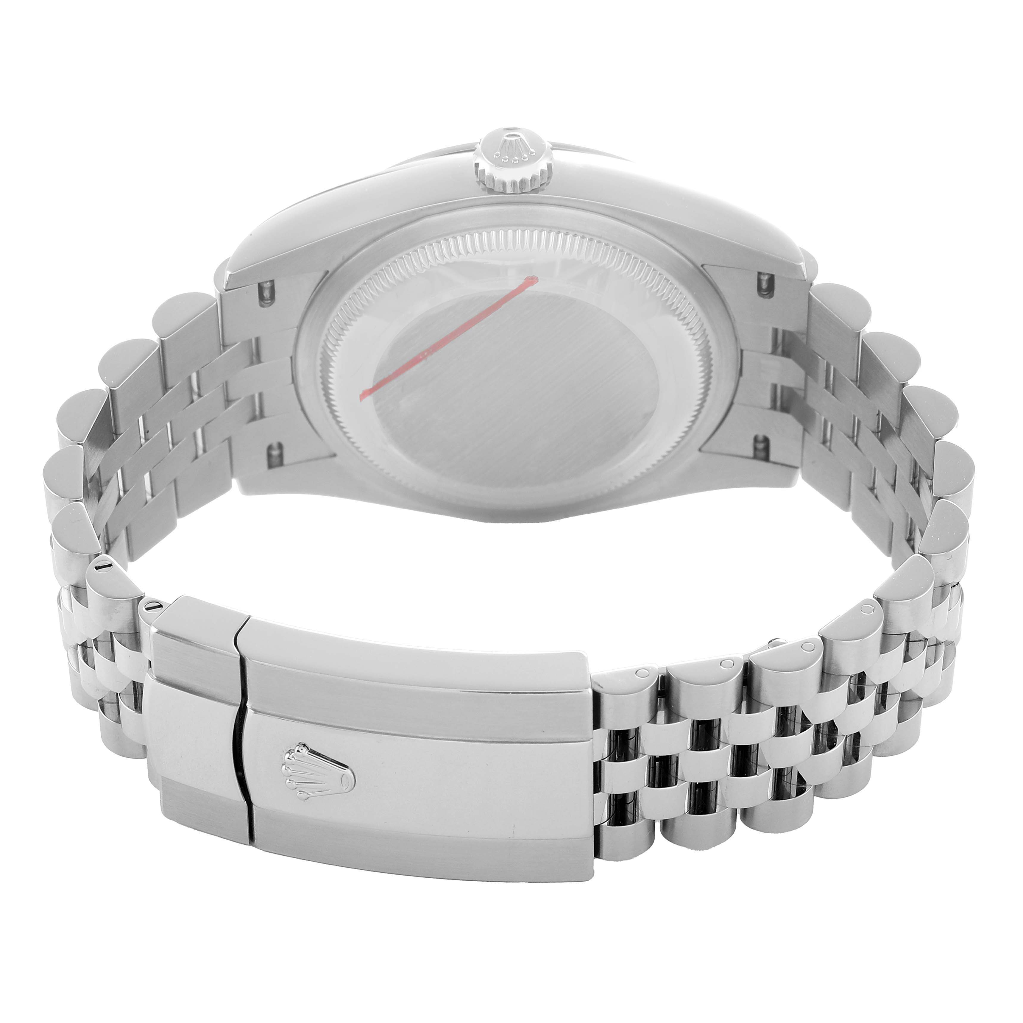 The image shows the back of the Rolex Datejust 126200 Men's Stainless Steel White Dial watch, featuring the case back, crown, and bracelet clasp.