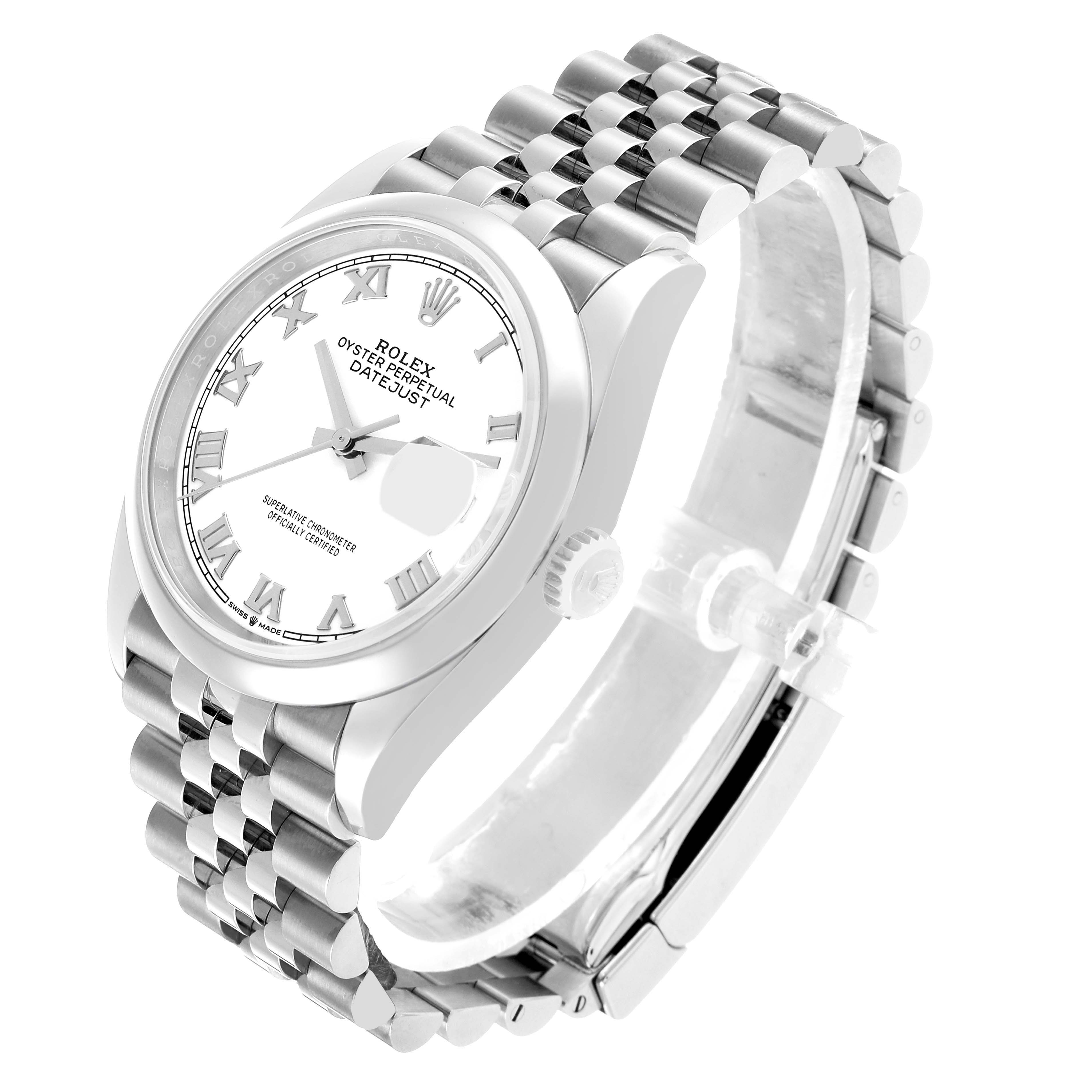 The Rolex Datejust 126200 Men's Stainless Steel White Dial watch is shown from a three-quarter angle, highlighting the face, case, crown, and bracelet.