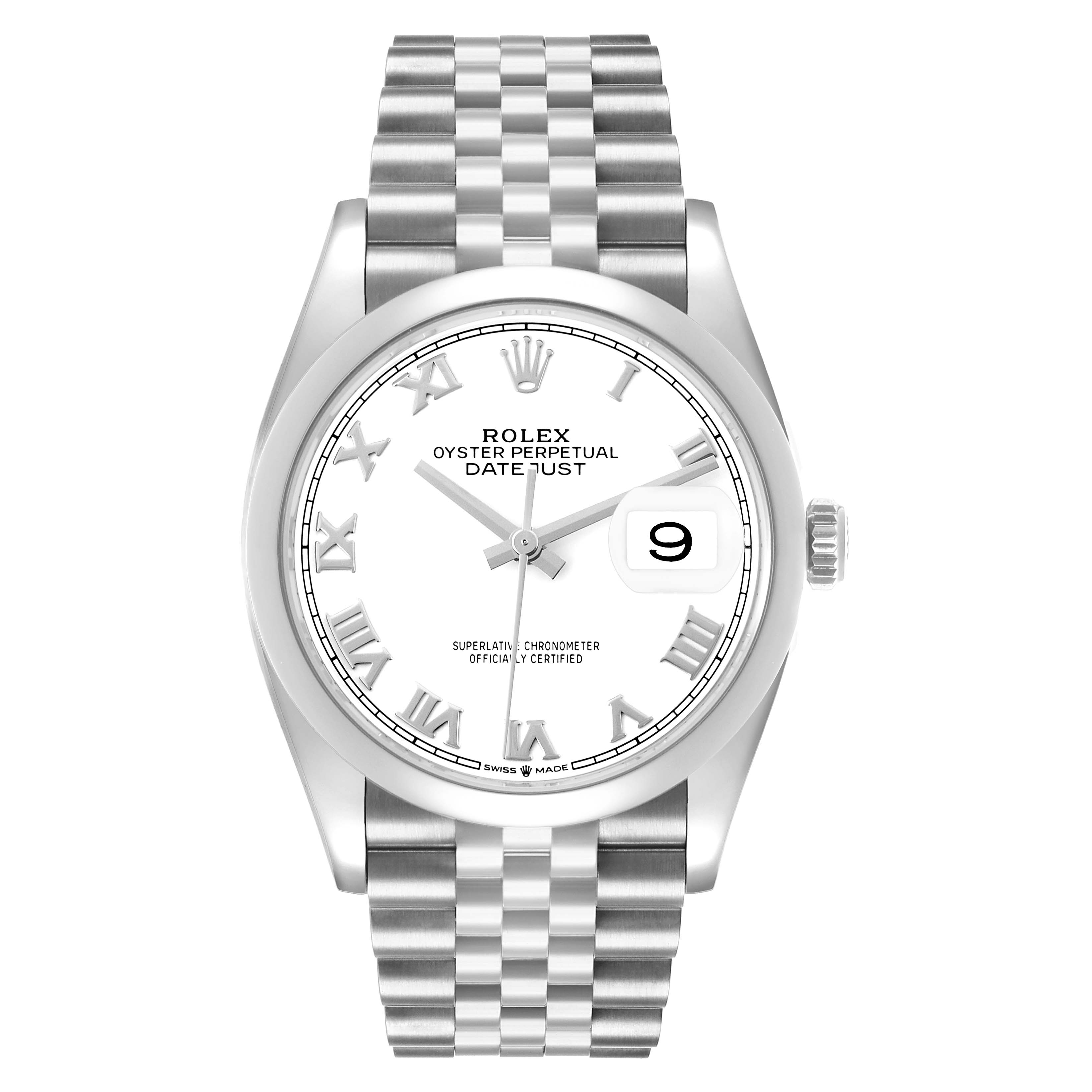 The Rolex Datejust 126200 Men's Stainless Steel White Dial watch is shown from the front, displaying the dial, bezel, crown, and Jubilee bracelet.