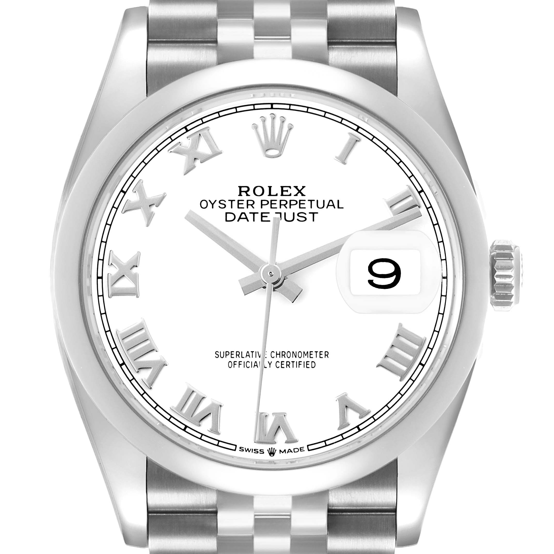 The Rolex Datejust 126200 Men's Stainless Steel White Dial watch is shown from a front angle, displaying the dial, bezel, crown, and part of the bracelet.