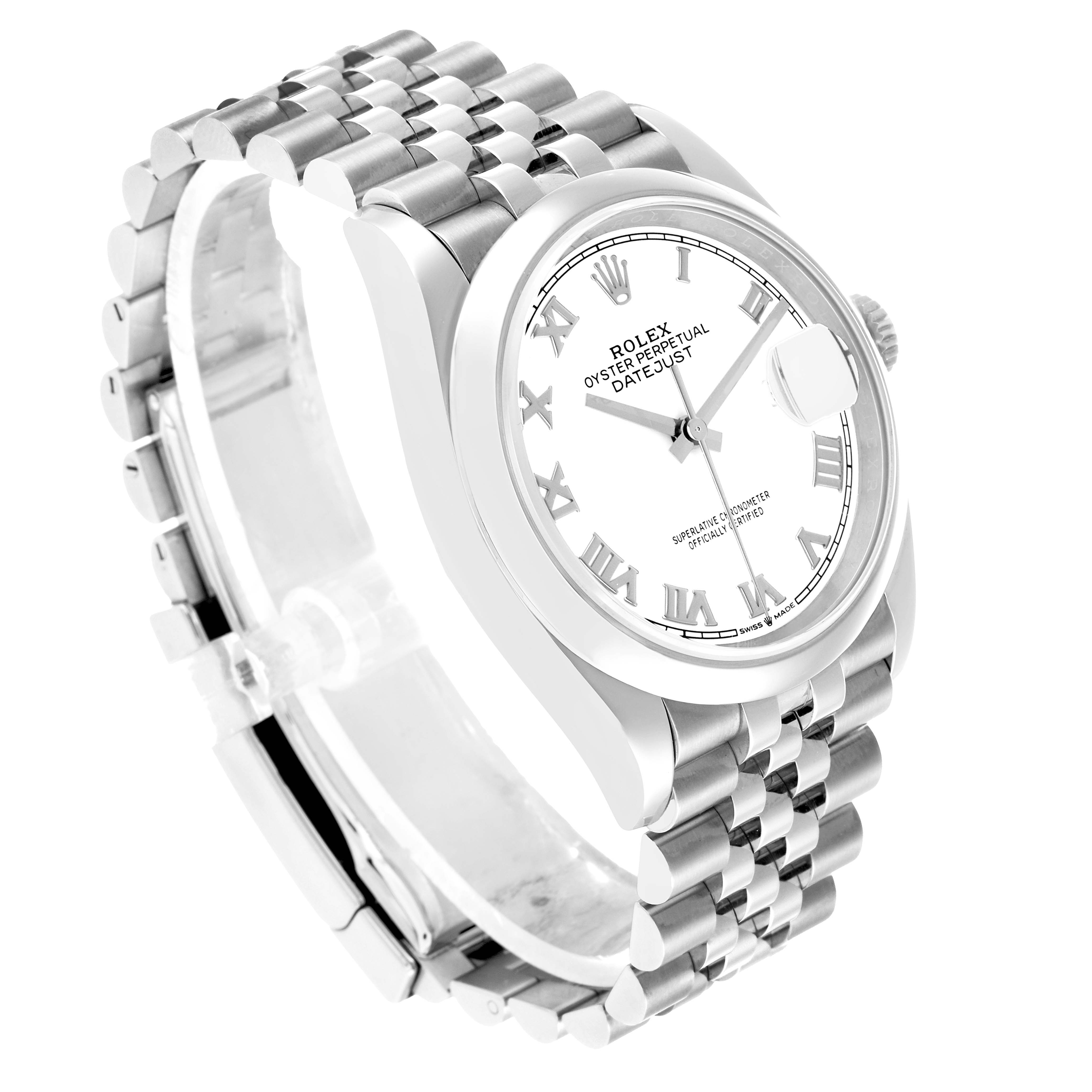 The Rolex Datejust 126200 Men's Stainless Steel White Dial watch is shown at an angle highlighting the dial, bezel, and bracelet.