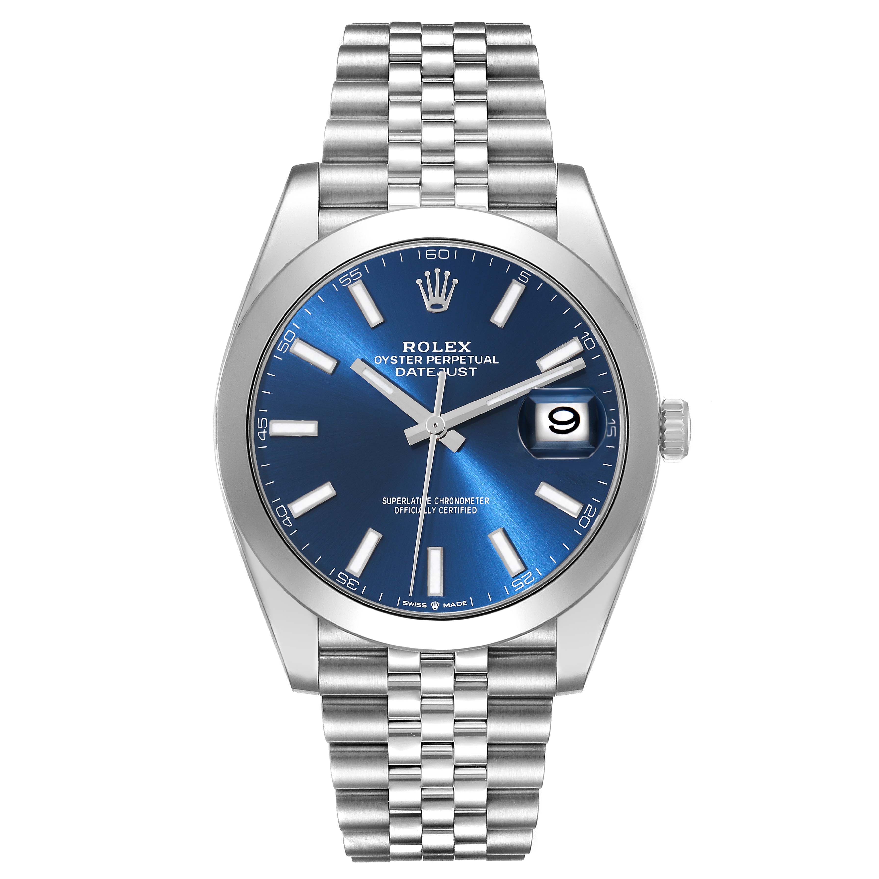 This image shows a front view of the Rolex Datejust 41 126300 Men's Stainless Steel Blue Dial 126300 Men's Stainless Steel Blue Dial with a blue dial and Jubilee bracelet.