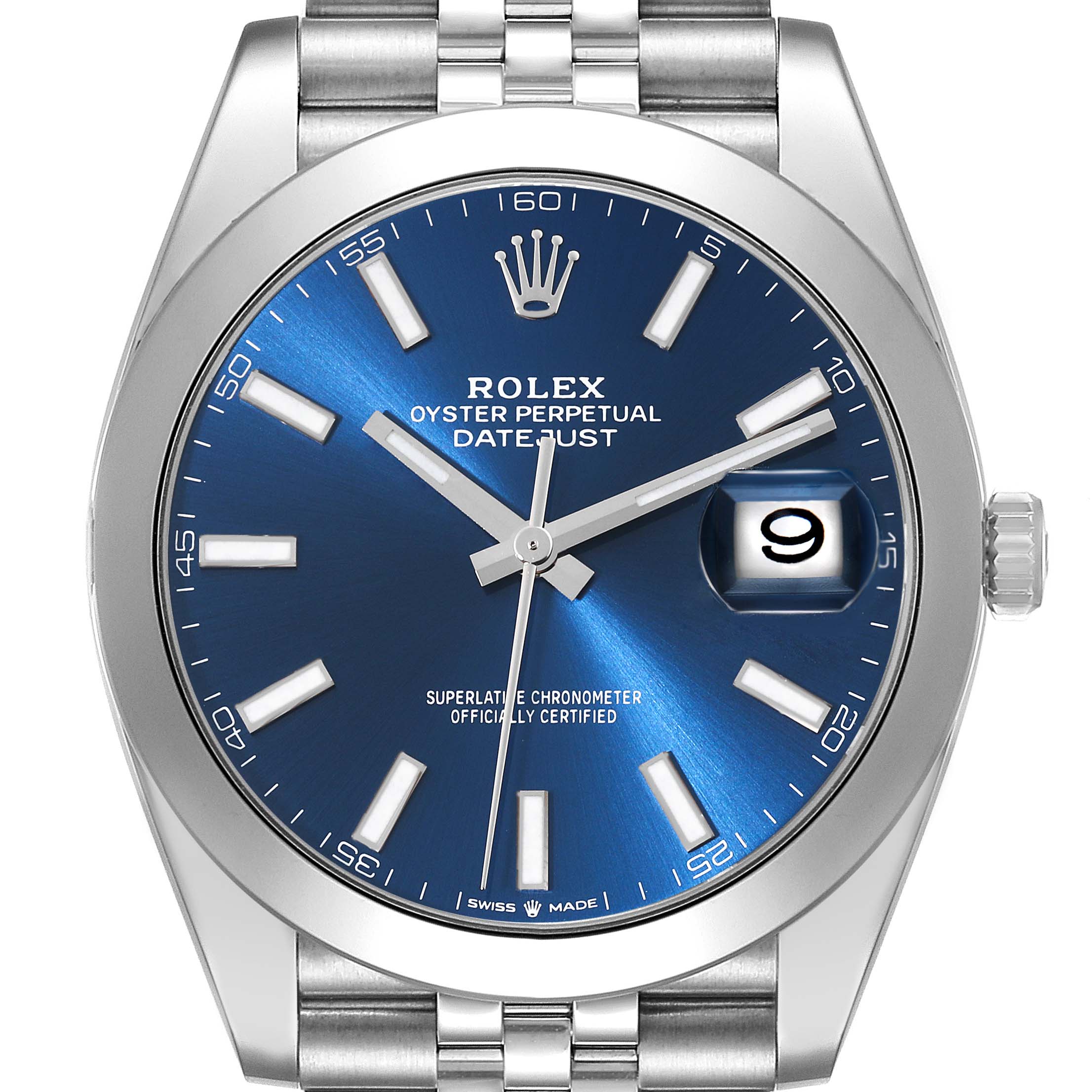 This image shows the face of a Rolex Datejust 41 126300 Men's Stainless Steel Blue Dial 126300 Men's Stainless Steel Blue Dial watch, highlighting the blue dial, date window, hands, and part of the bracelet.