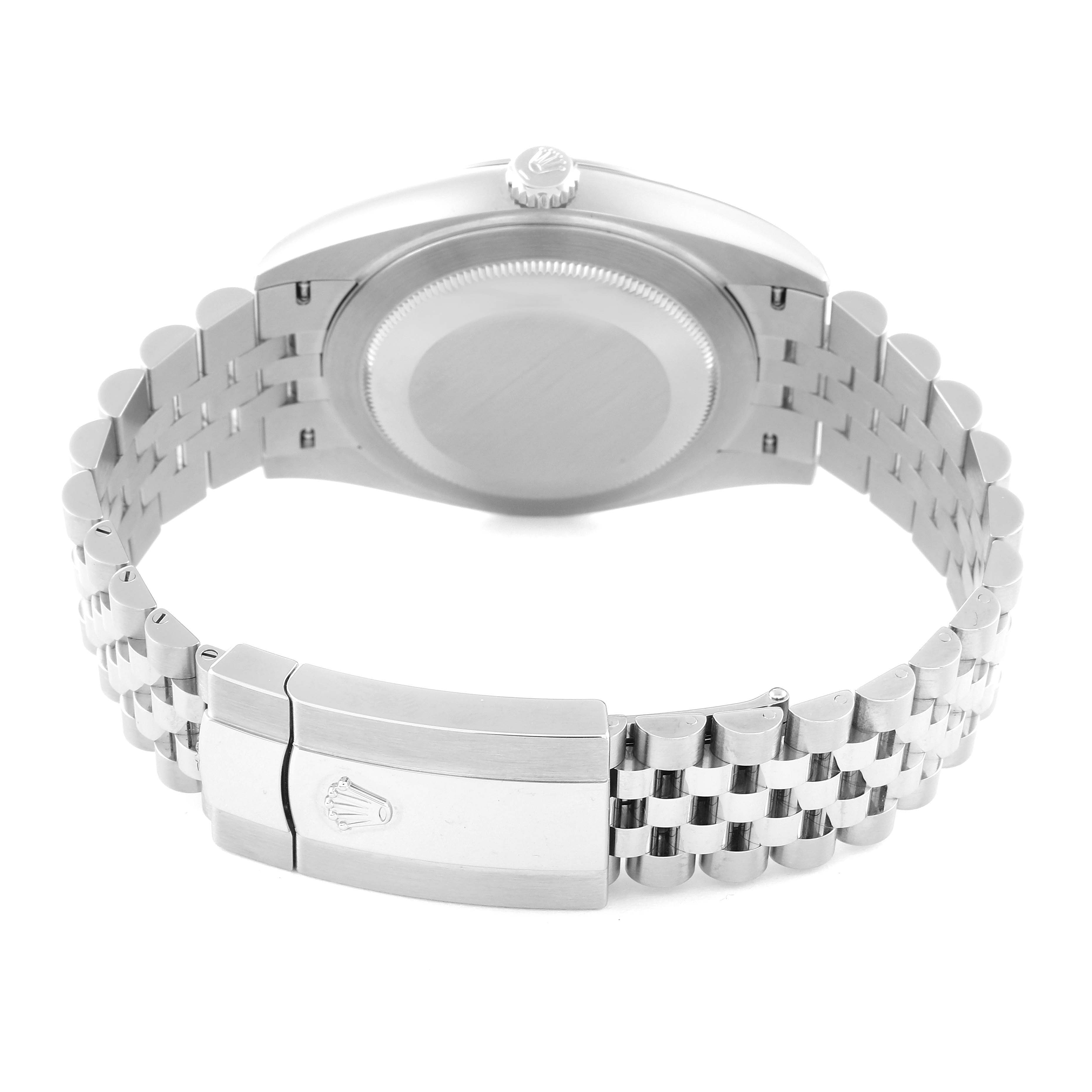 The image shows the back view of the Rolex Datejust 41 126300 Men's Stainless Steel Blue Dial 126300 Men's Stainless Steel Blue Dial watch, highlighting the case back and the bracelet with a clasp.