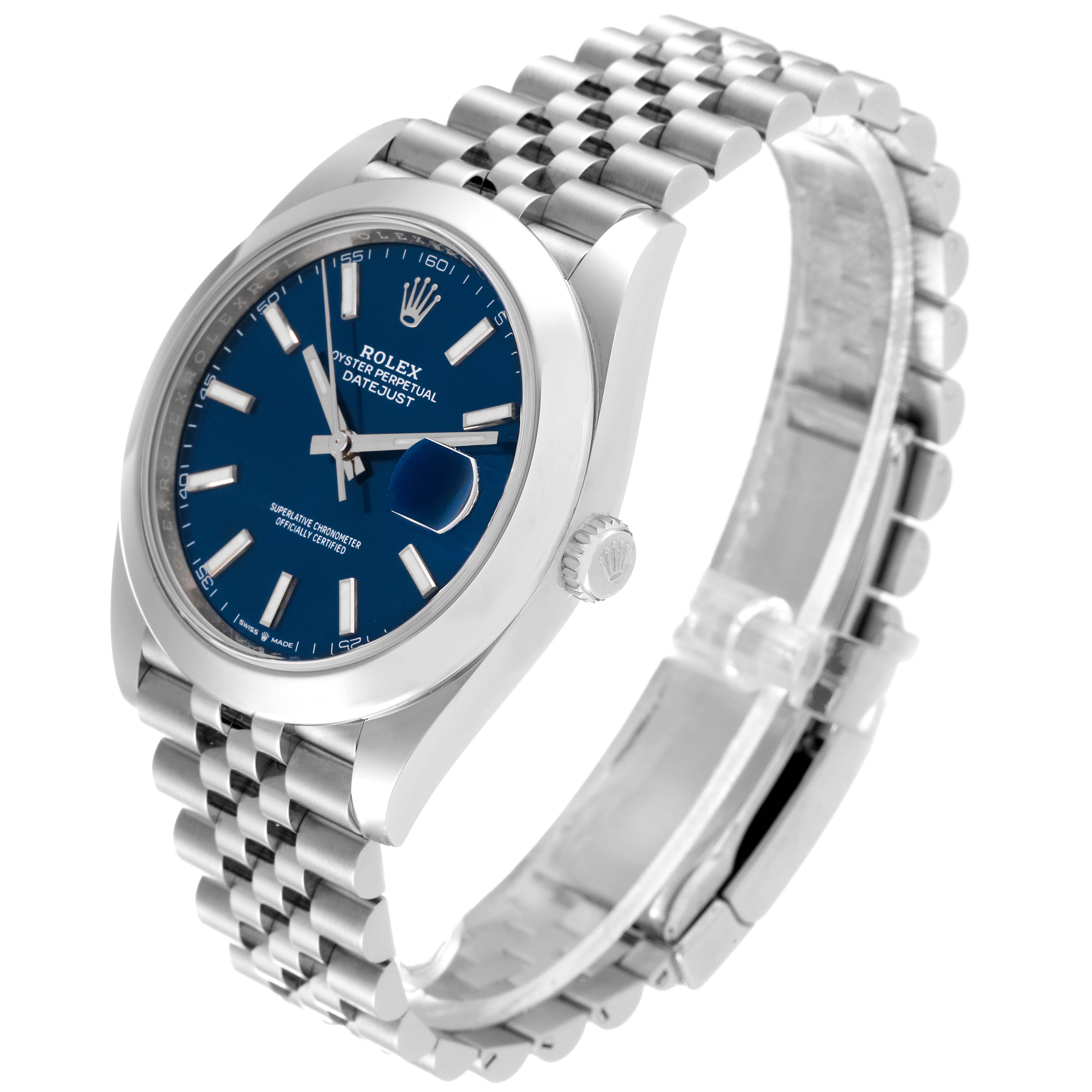 The Rolex Datejust 41 126300 Men's Stainless Steel Blue Dial 126300 Men's Stainless Steel Blue Dial is shown at a three-quarter angle, displaying its blue dial, jubilee bracelet, and crown.