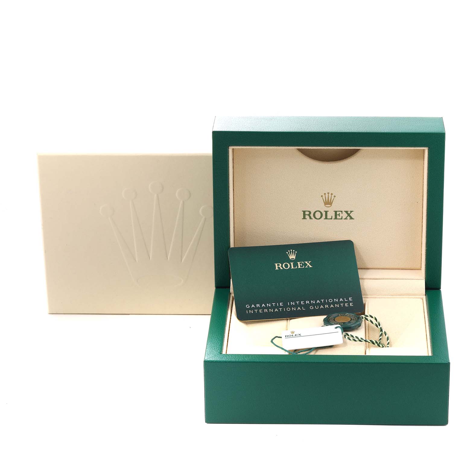The image displays the open box, guarantee card, and tags for the Rolex Datejust 41 126300 Men's Stainless Steel Blue Dial 126300 Men's Stainless Steel Blue Dial model.