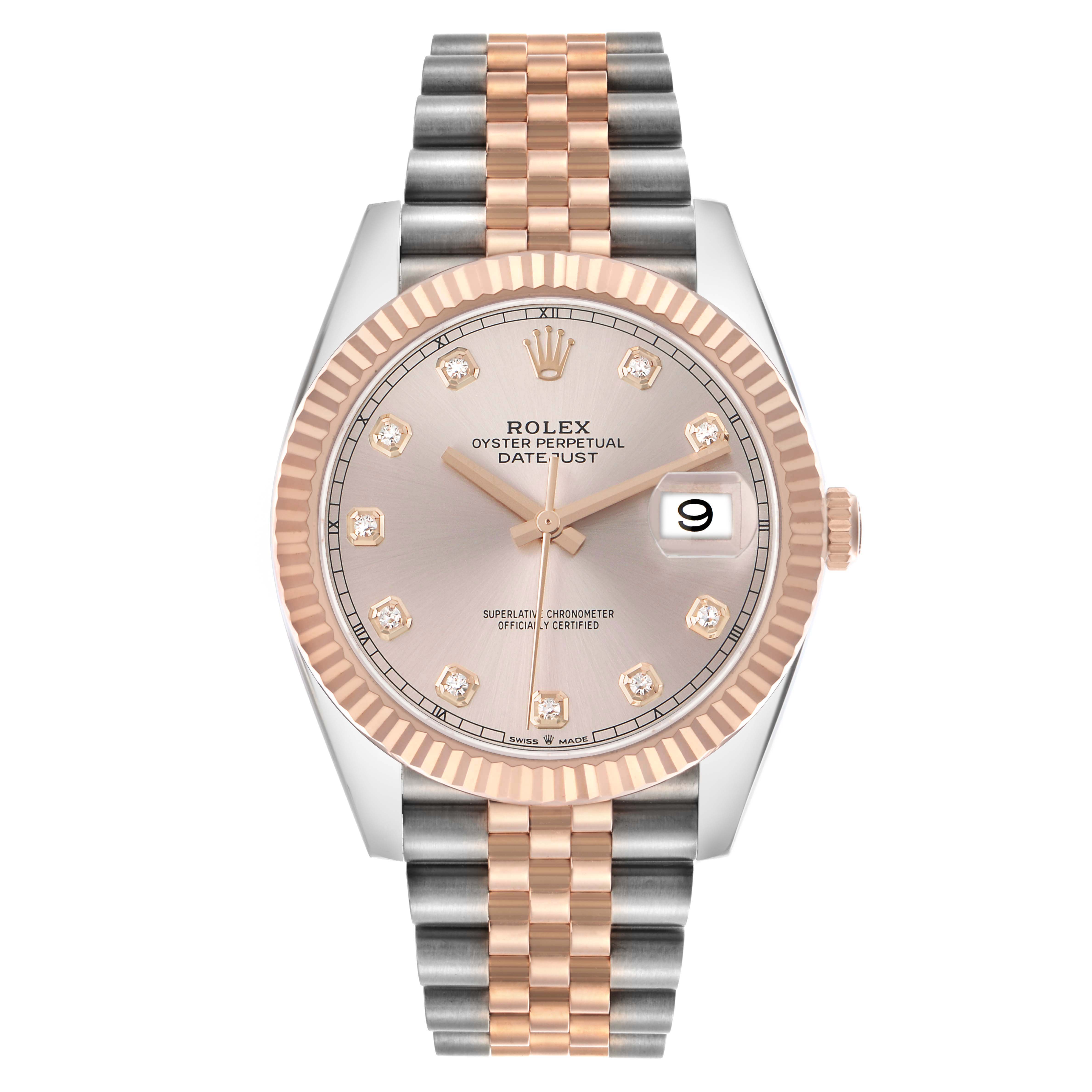 The Rolex Datejust 41 126331 Men's Steel and Gold (two tone) Pink Dial is shown from the front, highlighting the dial, fluted bezel, and Jubilee bracelet.