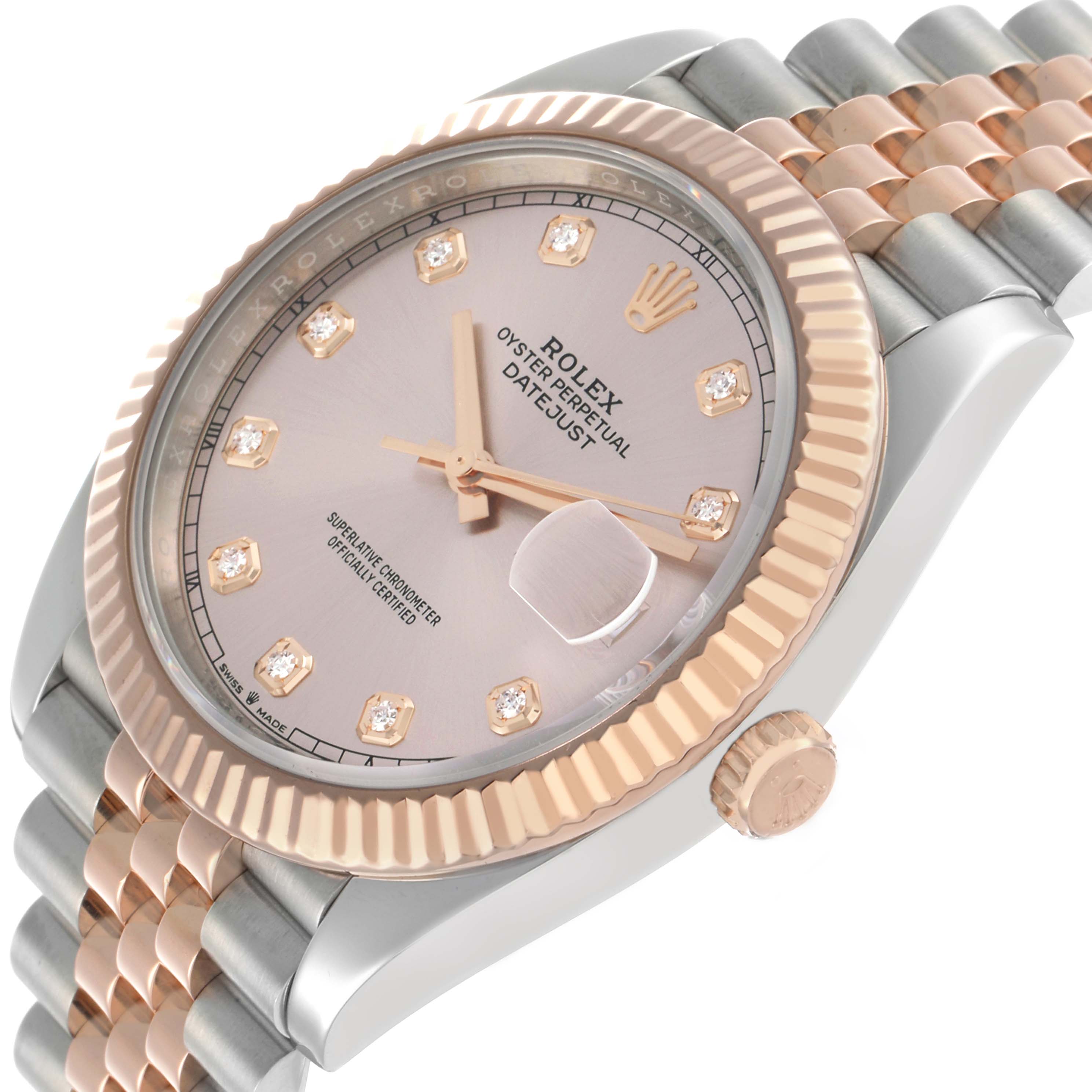 The Rolex Datejust 41 126331 Men's Steel and Gold (two tone) Pink Dial is shown at a slight angle, highlighting its dial, fluted bezel, and two-tone Jubilee bracelet.