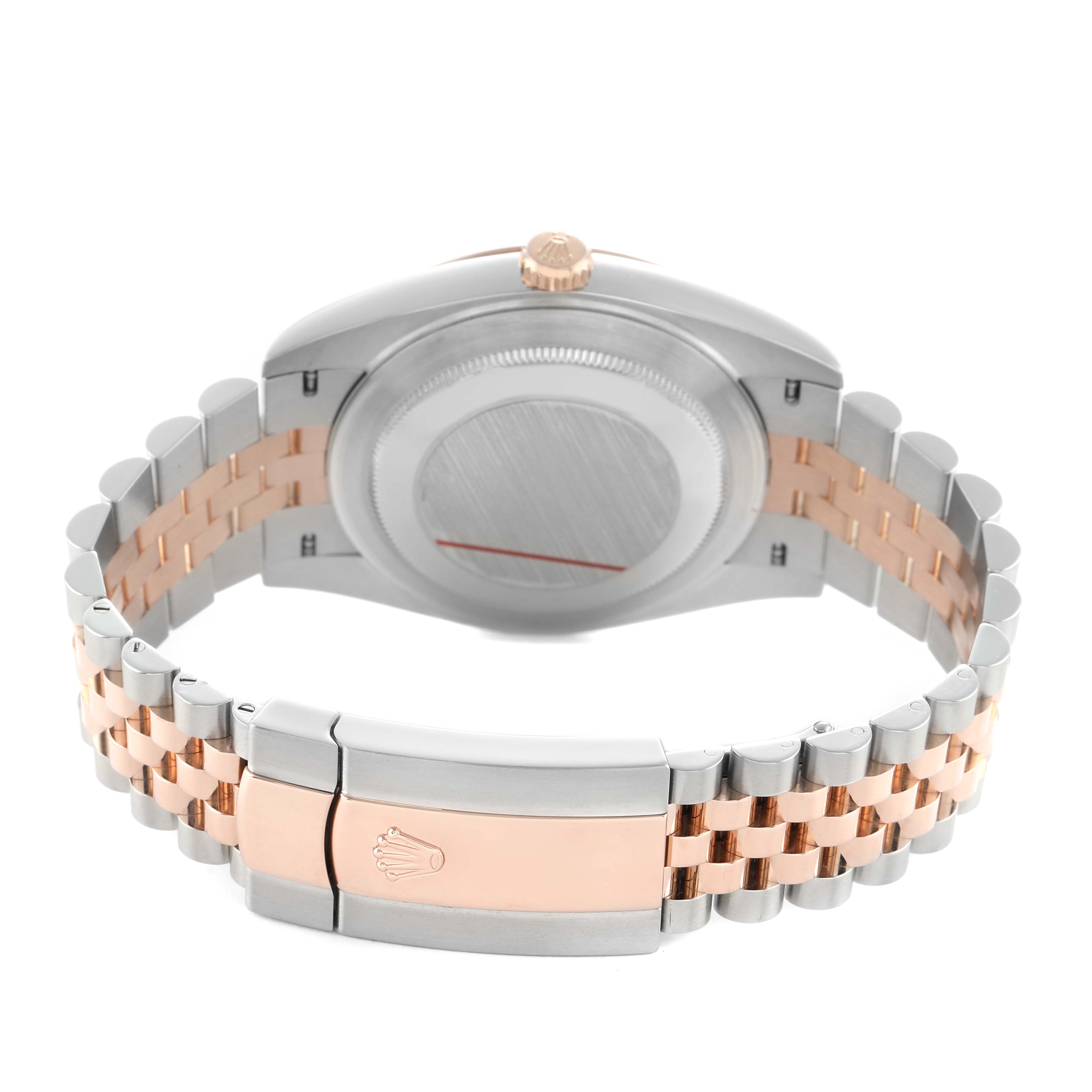 The image shows the back view of a Rolex Datejust 41 126331 Men's Steel and Gold (two tone) Pink Dial, highlighting the clasp and jubilee bracelet in a two-tone design.