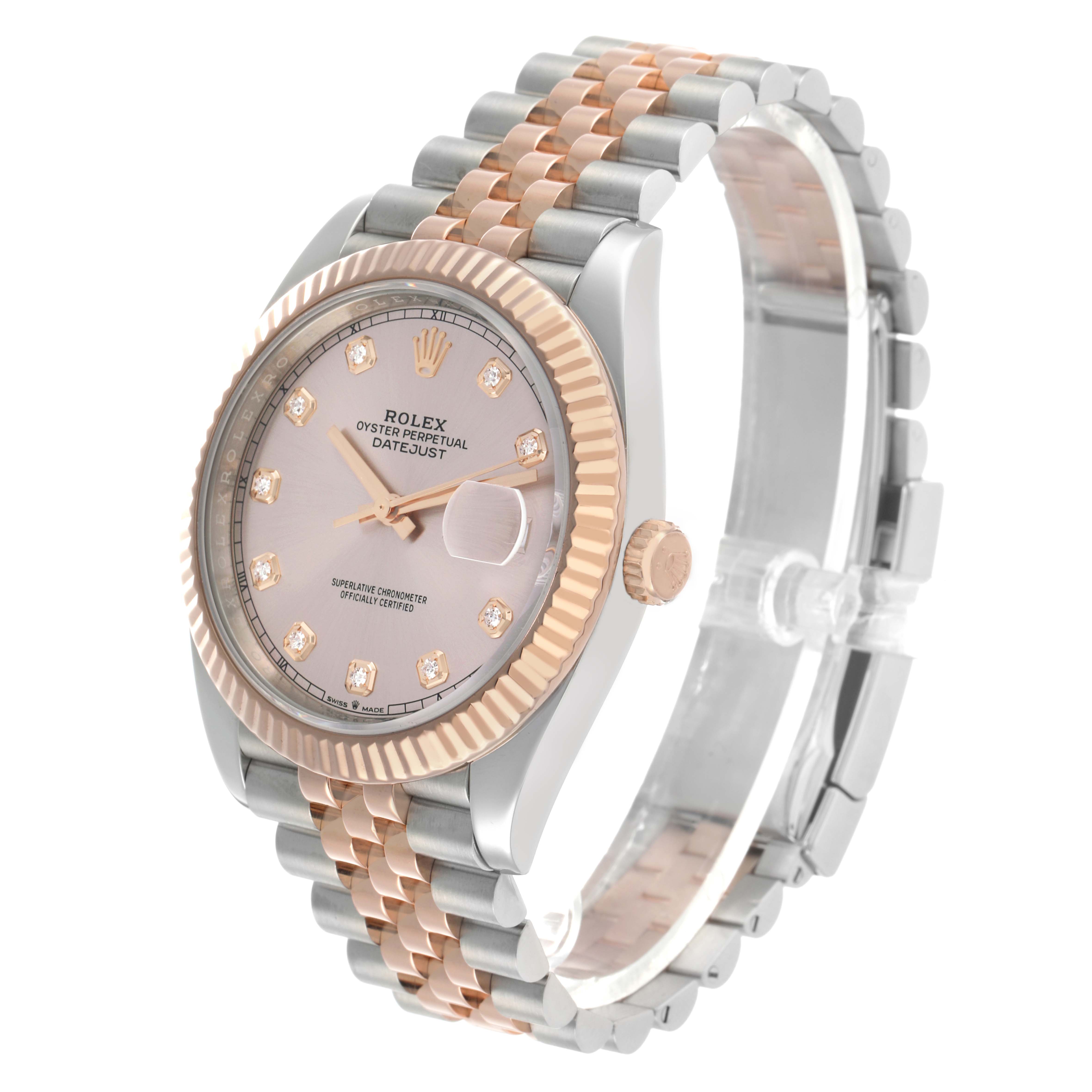 The Rolex Datejust 41 126331 Men's Steel and Gold (two tone) Pink Dial watch is shown in a three-quarter view, highlighting the dial, fluted bezel, and two-tone Jubilee bracelet.
