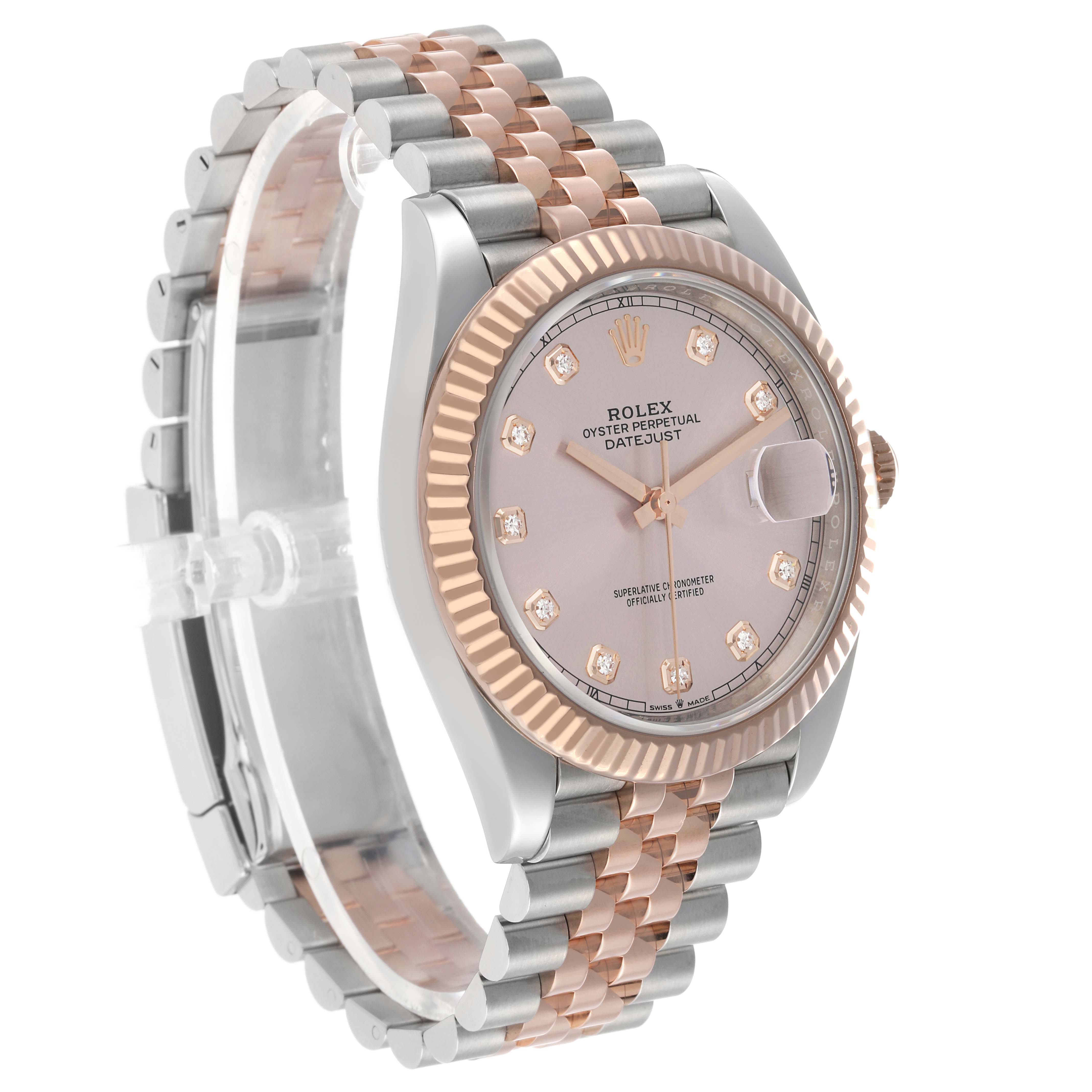 The Rolex Datejust 41 126331 Men's Steel and Gold (two tone) Pink Dial is shown at a three-quarter angle, displaying the dial, bezel, and bracelet.