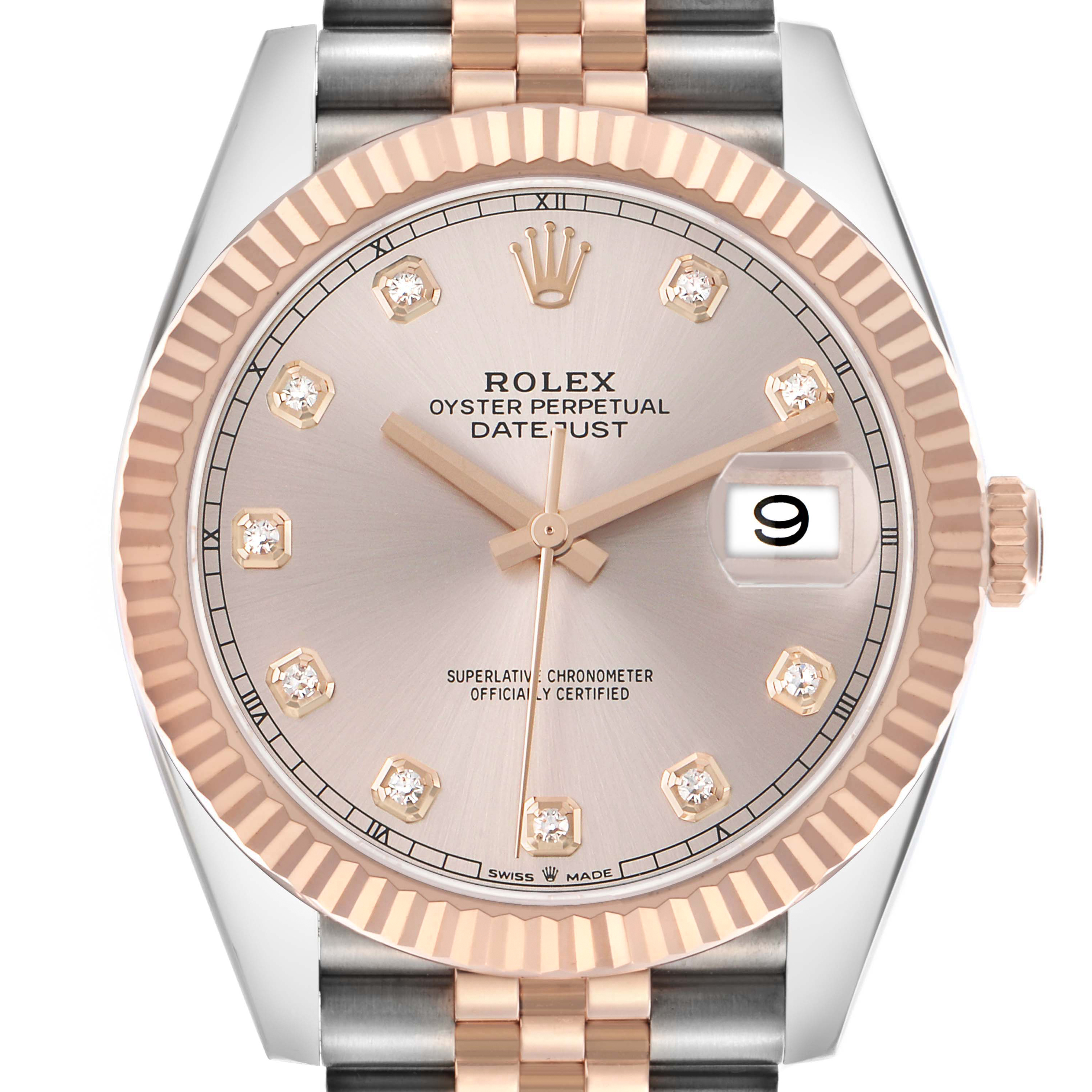 The Rolex Datejust 41 126331 Men's Steel and Gold (two tone) Pink Dial is shown from the front, displaying the dial, hands, date window, bezel, and part of the bracelet.