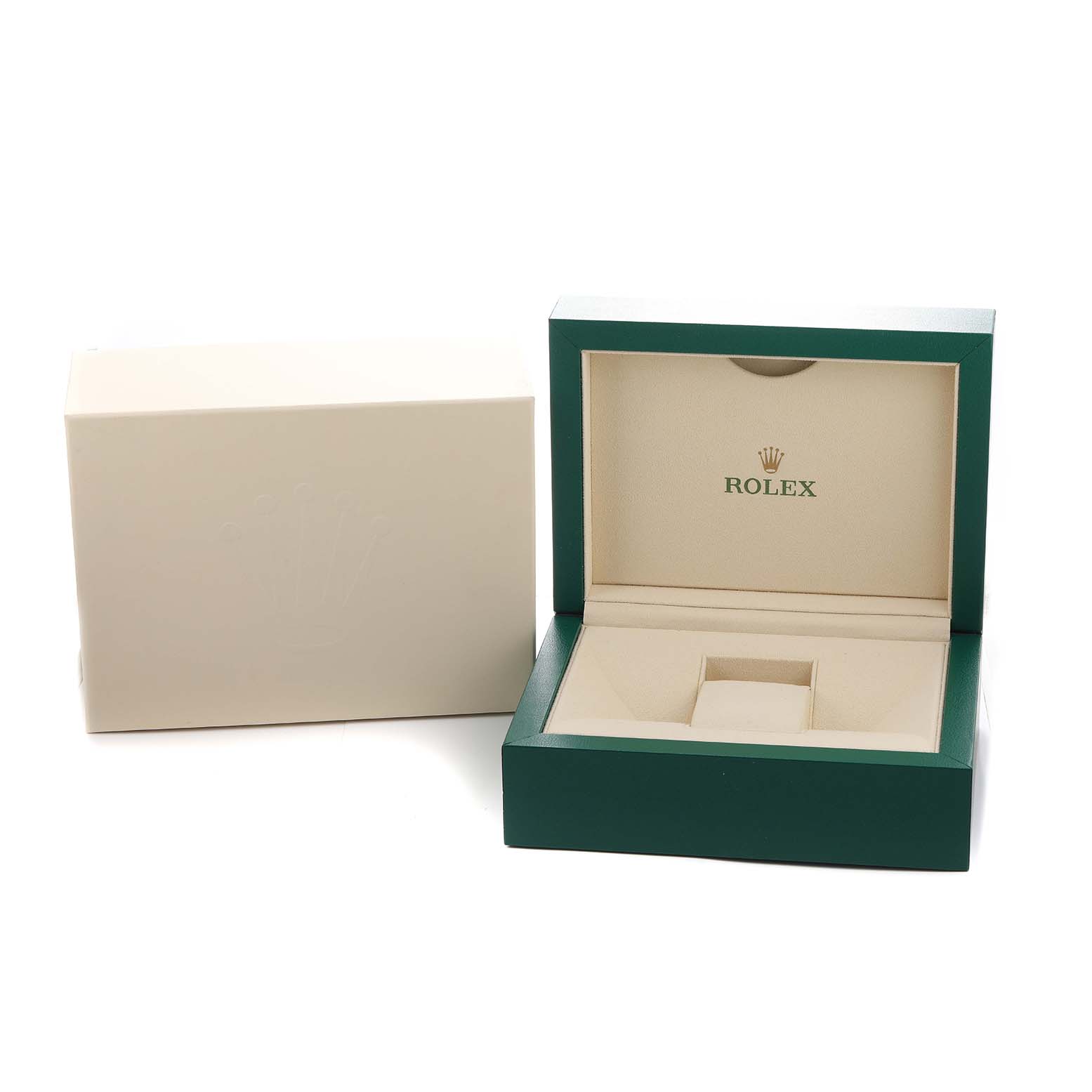 The image shows an open green and beige presentation box for a Rolex Datejust 41 126331 Men's Steel and Gold (two tone) Pink Dial watch, highlighting the brand's logo inside.