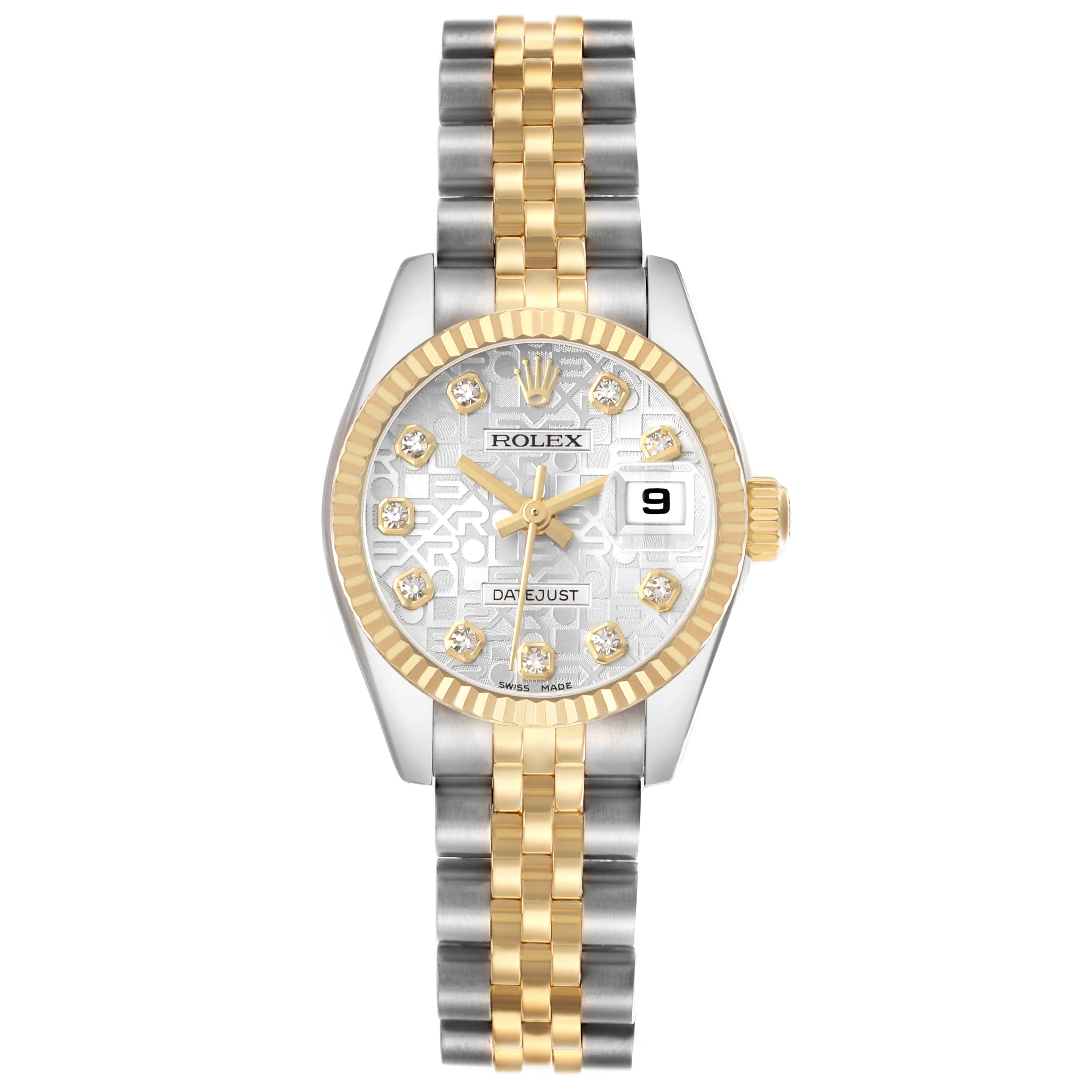 The Rolex Datejust 179173 Women's Steel and Gold (two tone) Silver Dial watch is shown from a top-down angle, highlighting the dial, bezel, and bracelet.