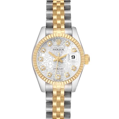 The Rolex Datejust 179173 Women's Steel and Gold (two tone) Silver Dial watch is shown from the front, highlighting the dial, bezel, and Jubilee bracelet.