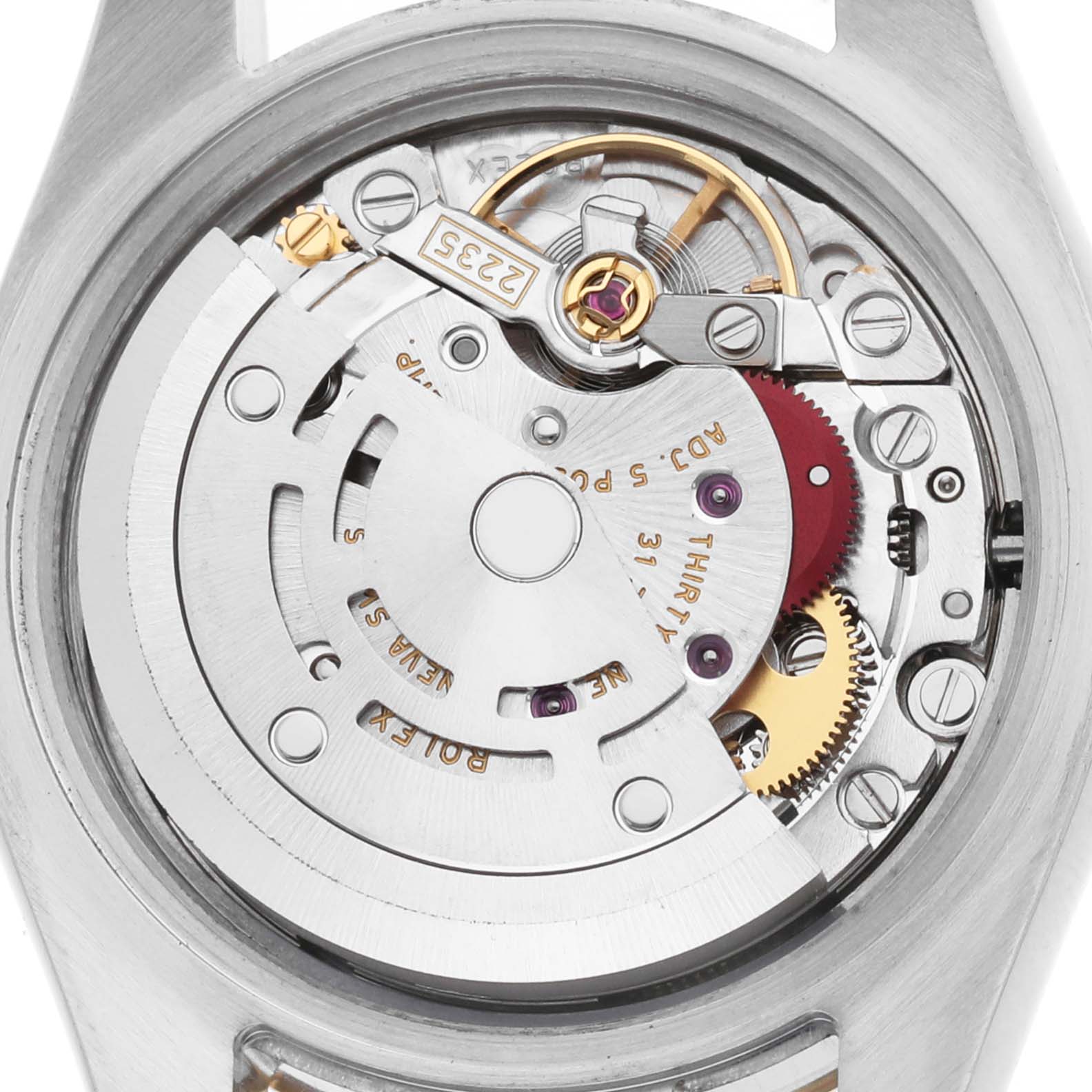 The image shows the movement of a Rolex Datejust 179173 Women's Steel and Gold (two tone) Silver Dial watch from a top-down view, highlighting the rotor and gears.