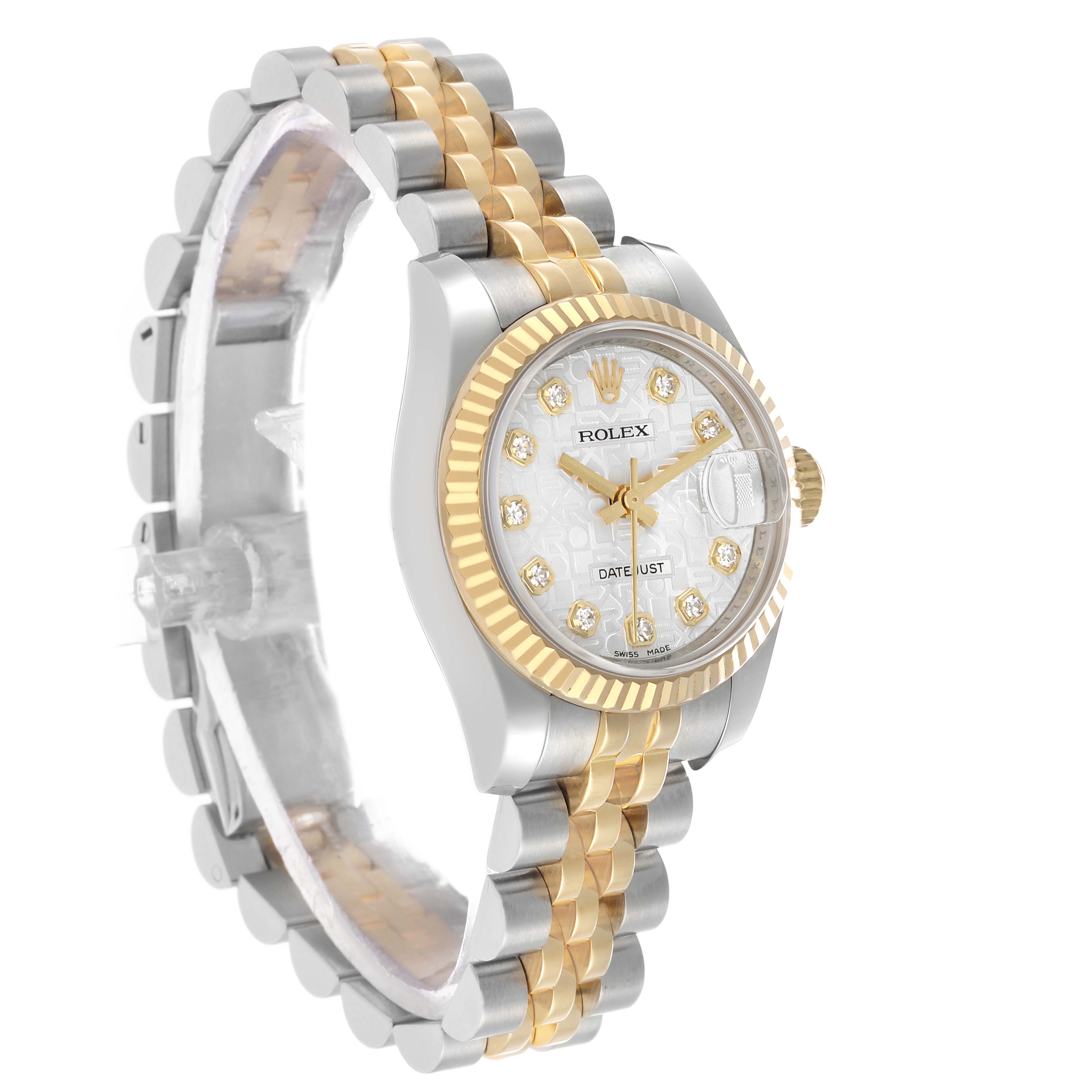 The Rolex Datejust 179173 Women's Steel and Gold (two tone) Silver Dial watch is shown at an angled side view, highlighting its gold bezel, dial, and two-tone bracelet.