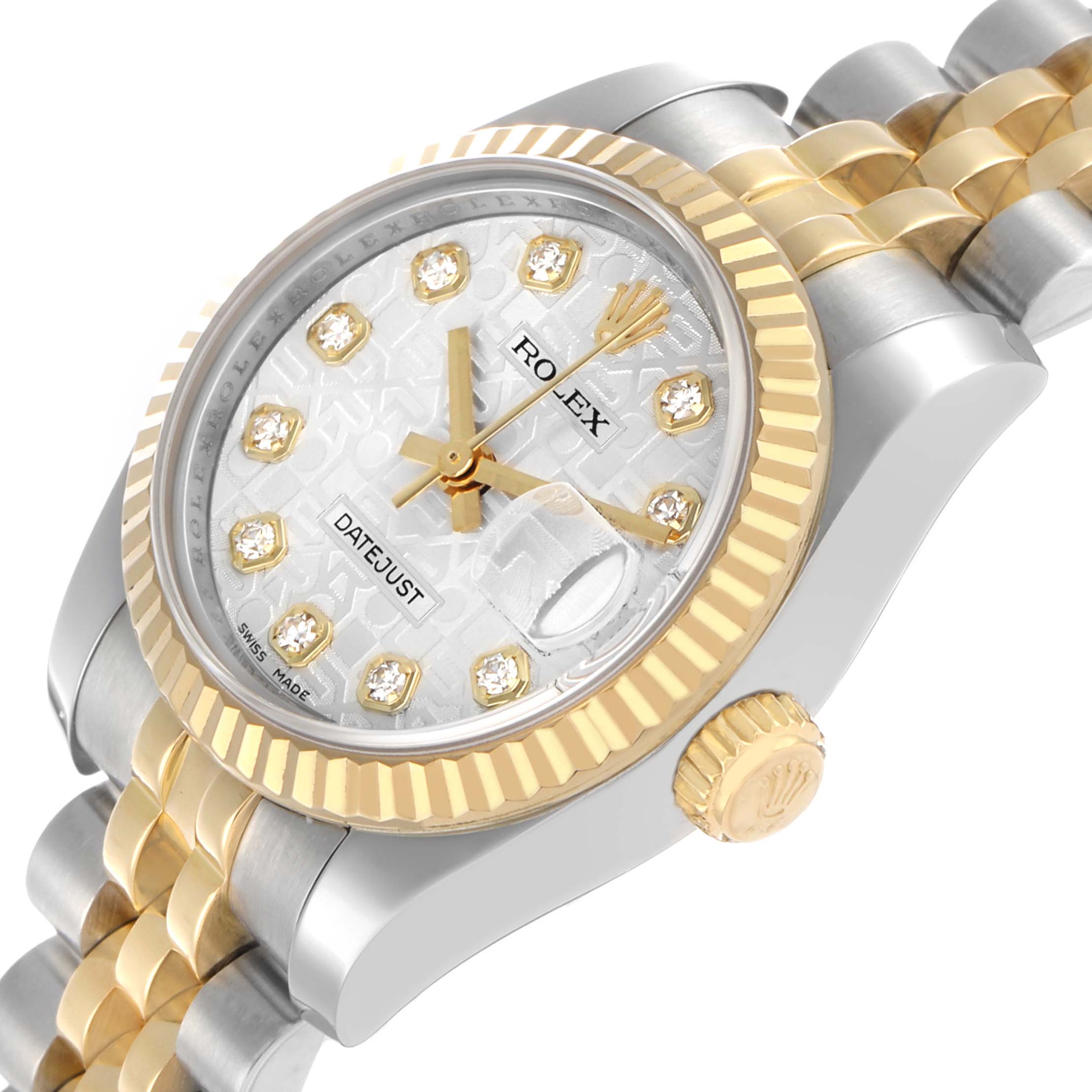 The Rolex Datejust 179173 Women's Steel and Gold (two tone) Silver Dial watch is shown from a side angle, highlighting the bezel, case, bracelet, and crown.