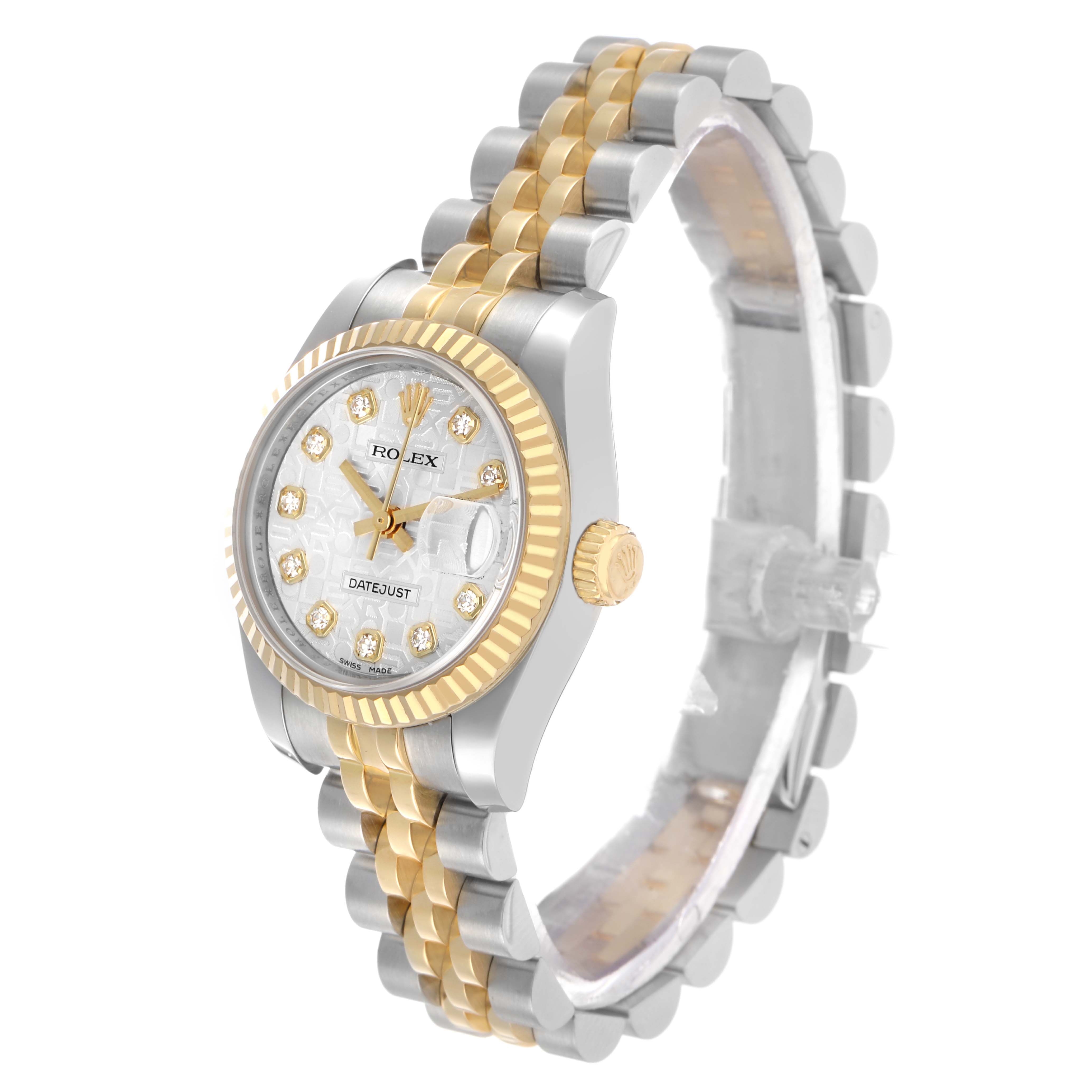 The Rolex Datejust 179173 Women's Steel and Gold (two tone) Silver Dial is shown from a front-side angle, highlighting the face, fluted bezel, crown, and two-tone bracelet.