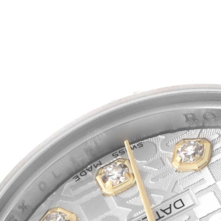The image shows a close-up of the upper-right section of a Rolex Datejust 179173 Women's Steel and Gold (two tone) Silver Dial watch, highlighting the dial with diamond markers.