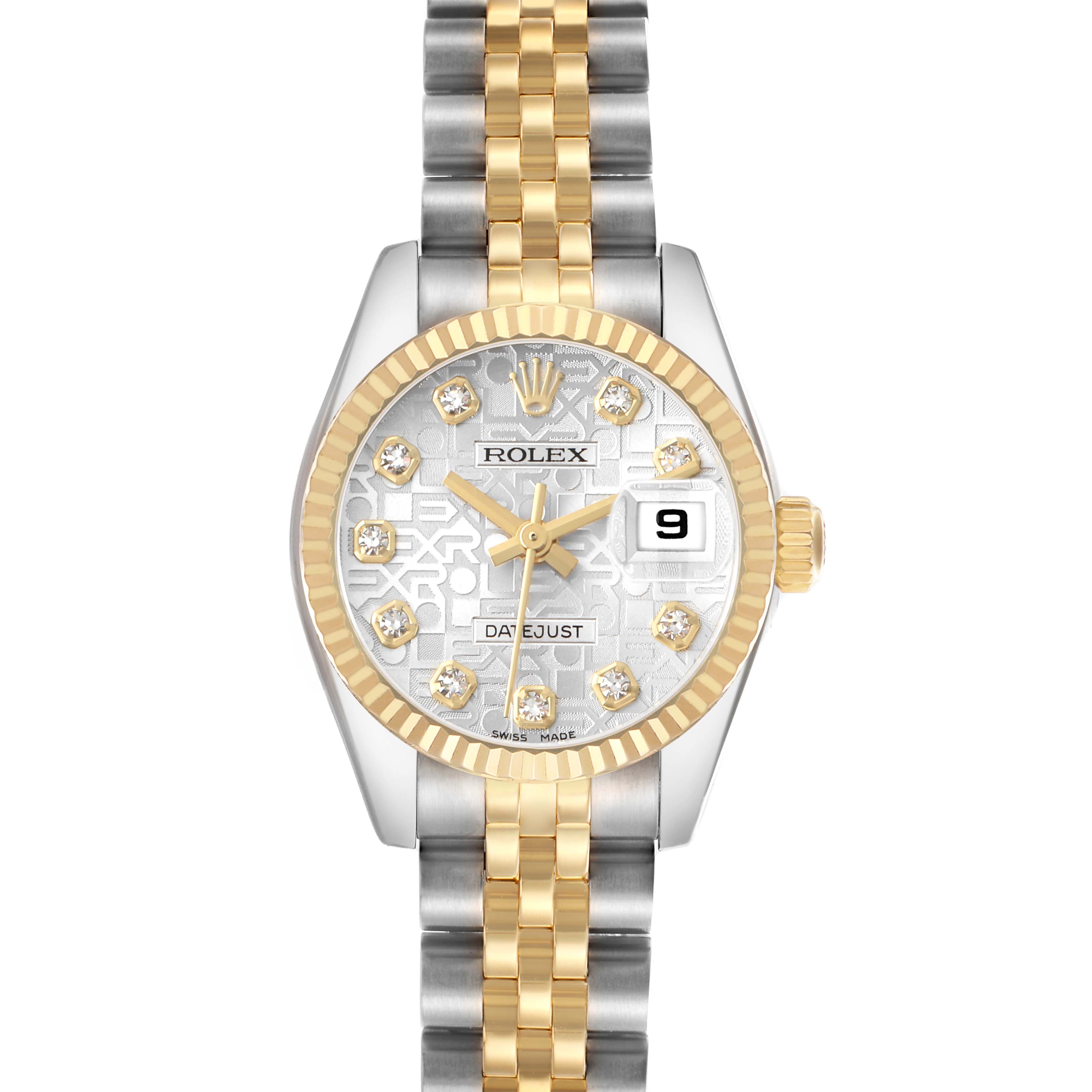 The Rolex Datejust 179173 Women's Steel and Gold (two tone) Silver Dial watch is shown from the front, highlighting its two-tone bracelet, dial, and date feature.