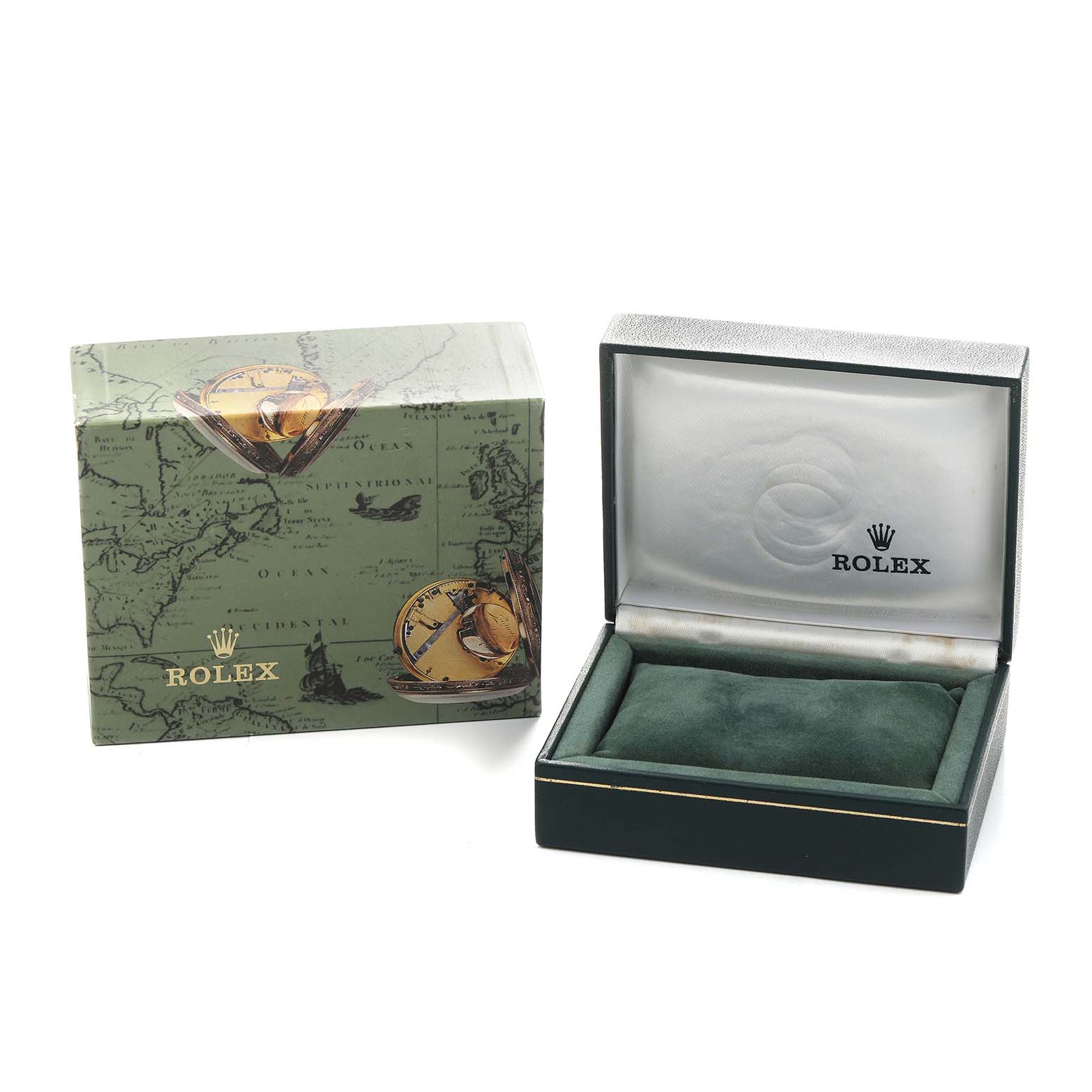 The image shows a Rolex Datejust 79174 Women's Stainless Steel Silver Dial watch box and outer packaging, with the box open and empty.