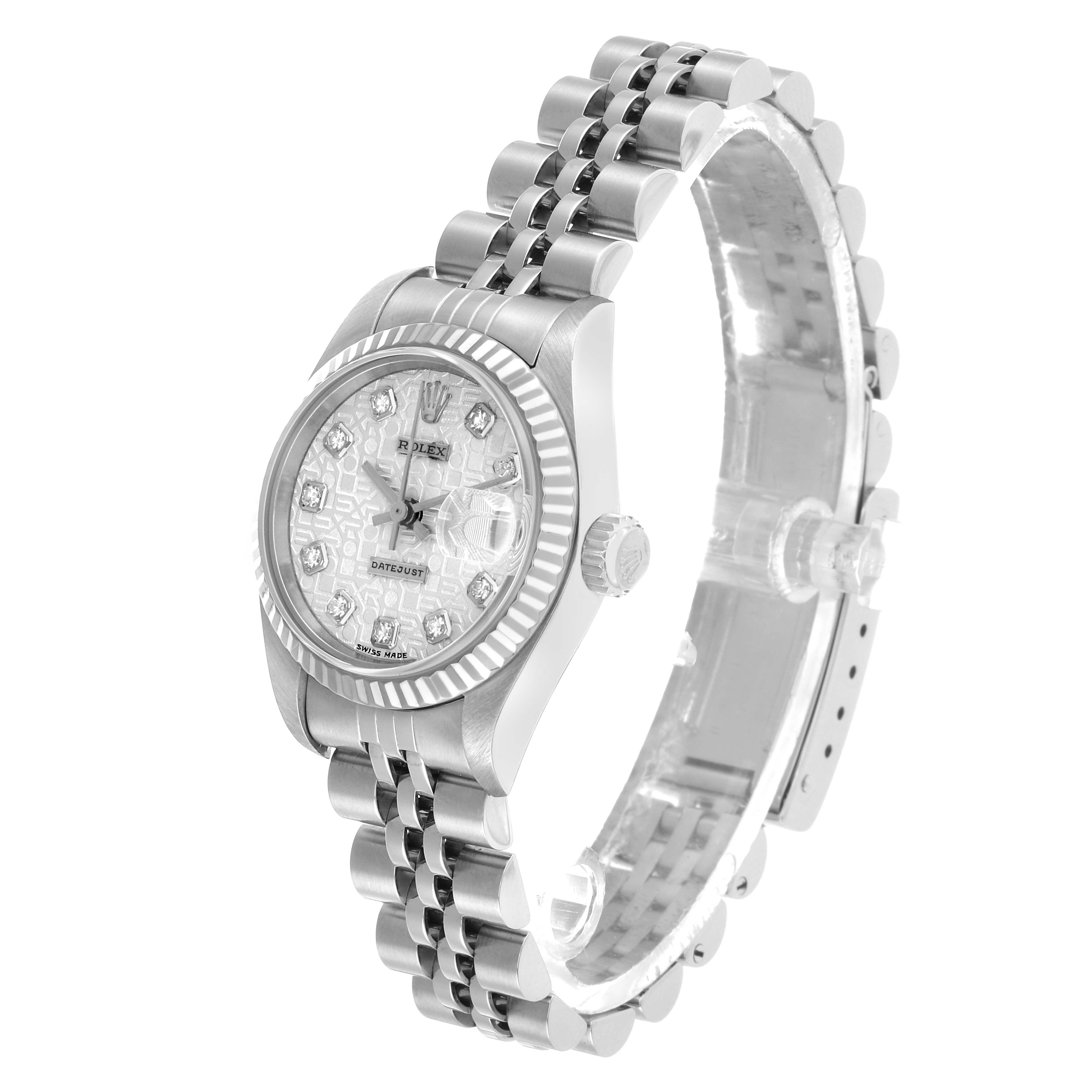 The Rolex Datejust 79174 Women's Stainless Steel Silver Dial watch is shown at a slight angle, displaying the dial, bezel, crown, and bracelet.