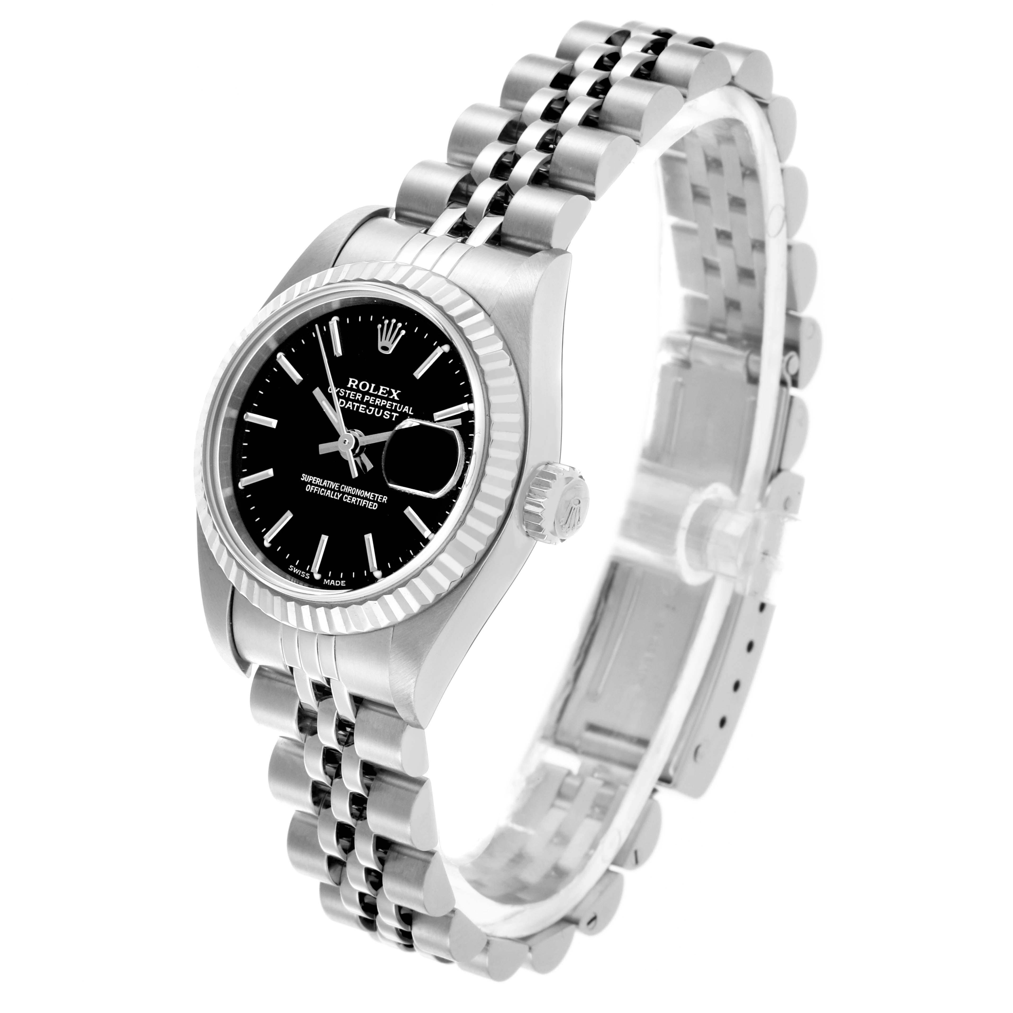 The Rolex Datejust 79174 Women's Stainless Steel Black Dial 79174 Women's Stainless Steel Black Dial watch is shown at a three-quarter angle, highlighting the dial, bezel, and Jubilee bracelet.