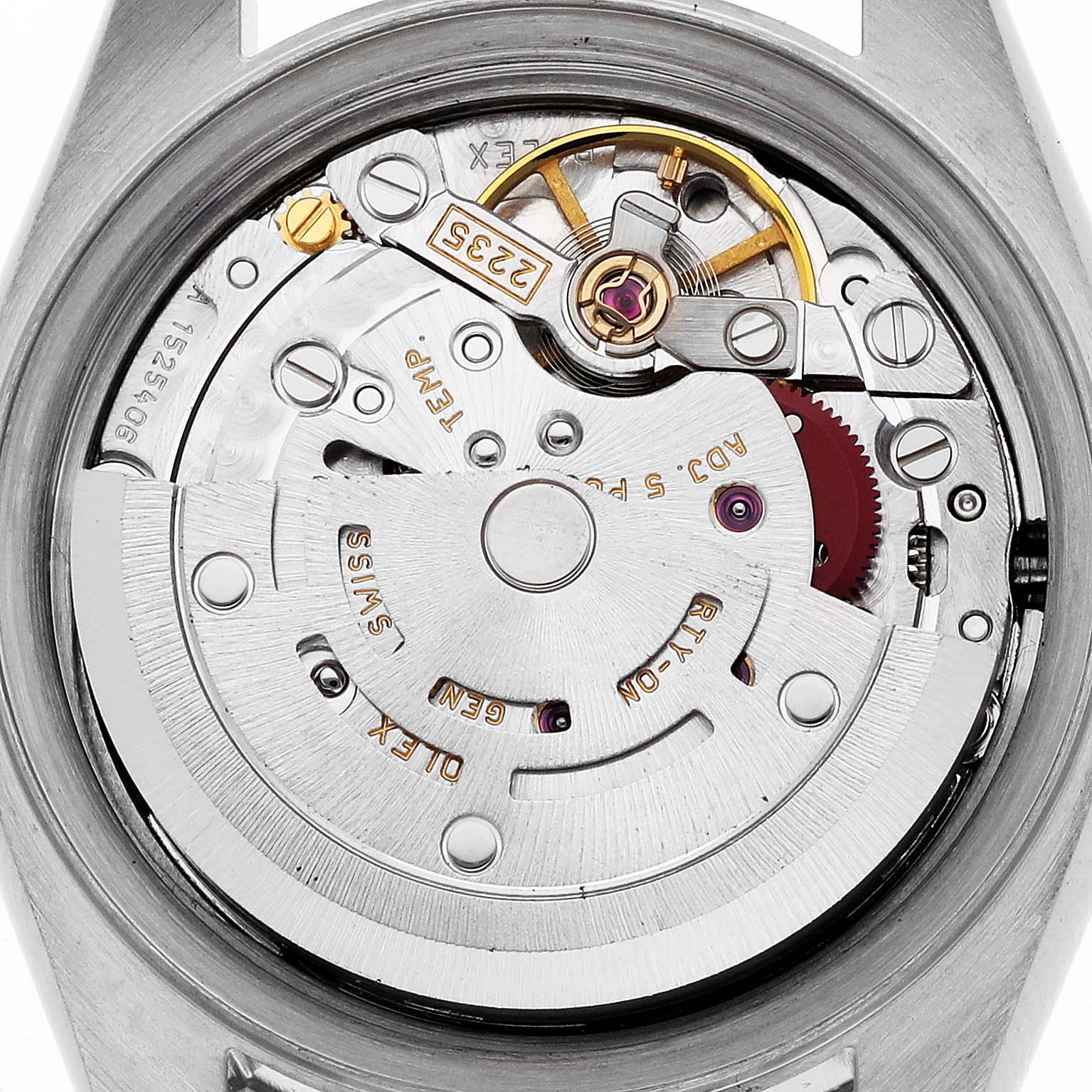 The image shows the Rolex Datejust 79174 Women's Stainless Steel Black Dial 79174 Women's Stainless Steel Black Dial movement from the back, displaying gears and mechanical components.