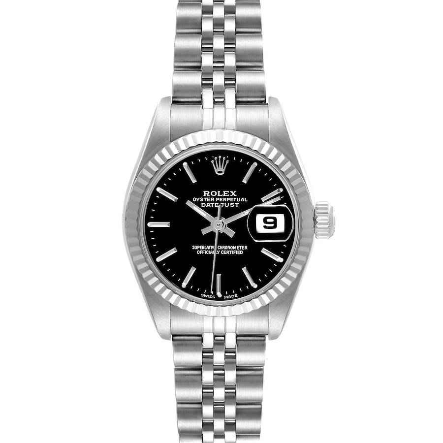 The Rolex Datejust watch is shown from a front angle, displaying the dial, bezel, and bracelet.