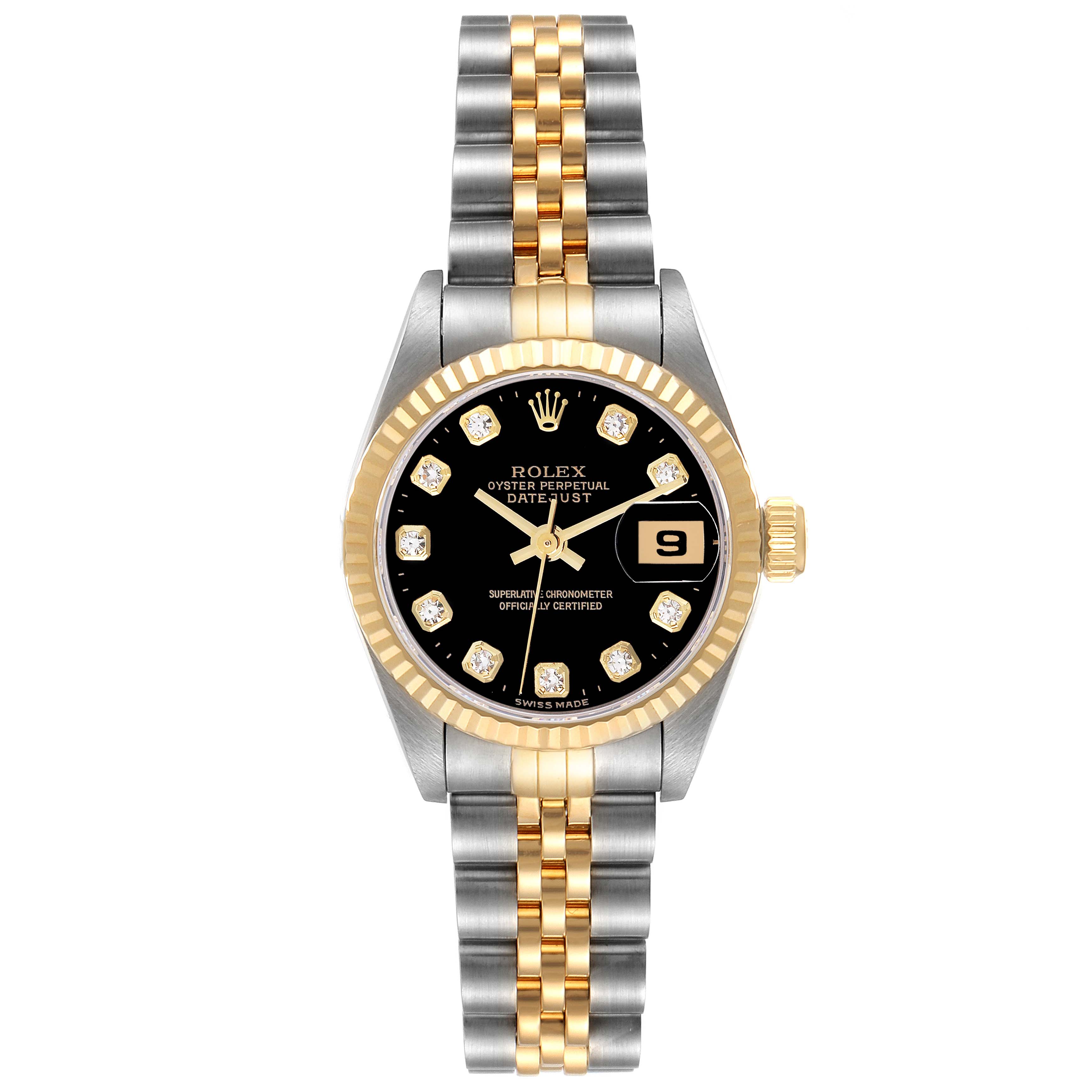 The image shows a frontal view of a Rolex Datejust 69173 Women's Steel and Gold (two tone) Black Dial 69173 Women's Steel and Gold (two tone) Black Dial watch, highlighting its two-tone band and diamond hour markers.