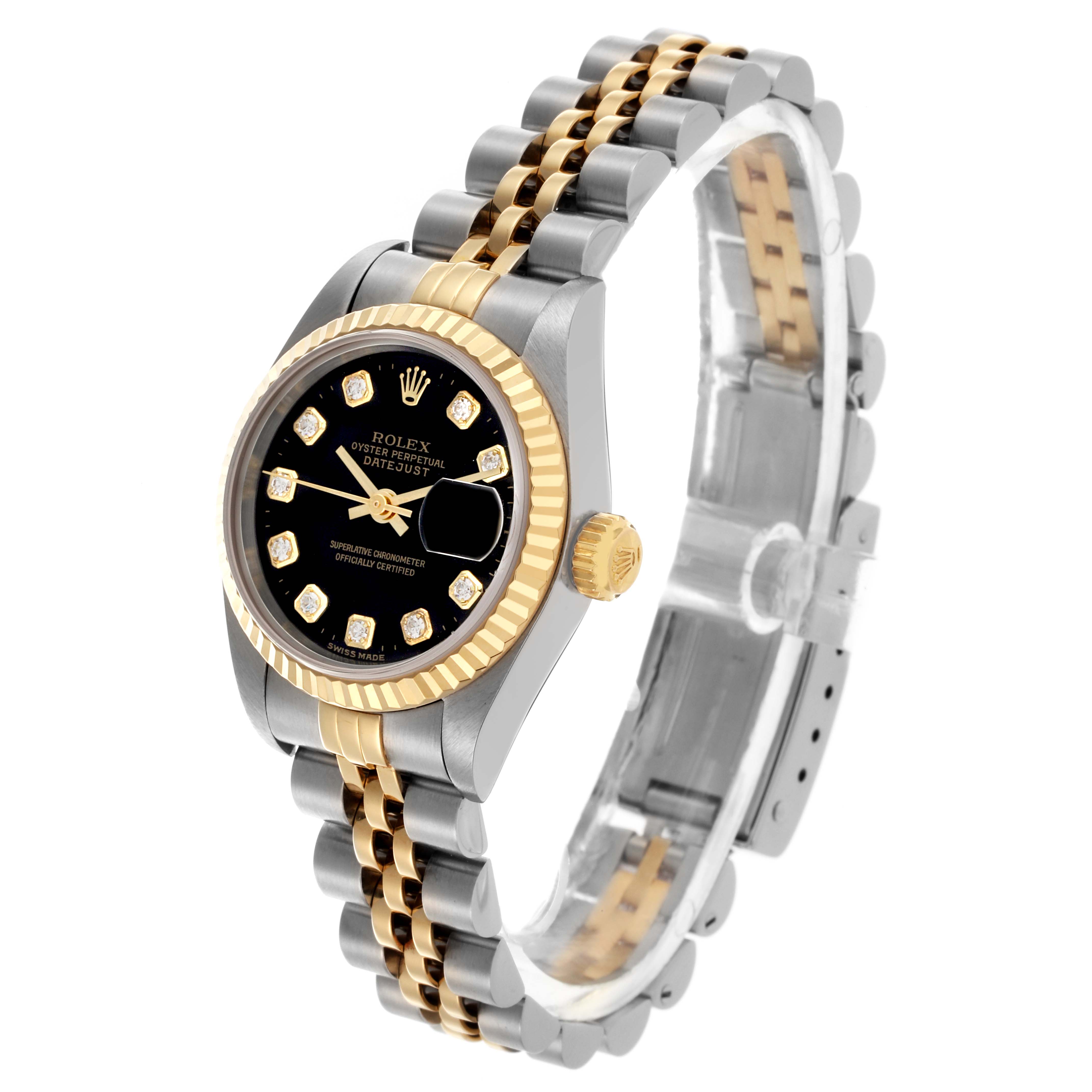The Rolex Datejust 69173 Women's Steel and Gold (two tone) Black Dial 69173 Women's Steel and Gold (two tone) Black Dial is shown at a three-quarter angle, displaying the face, bezel, bracelet, and crown.